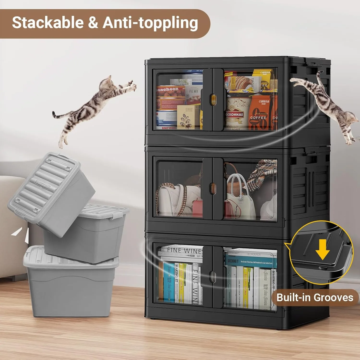 460Qt Stackable Storage Bins with Lids & Wheels, 4-Pack Large Plastic Collapsible Latching Boxes, Closet Organizers and Storage Cabinet Shelves, for Home Garage Office Organization, V7 Black