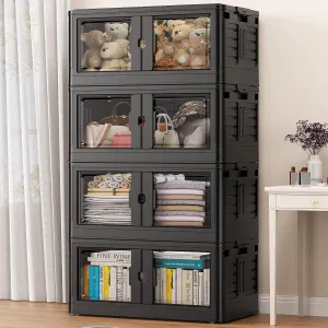 460Qt Stackable Storage Bins with Lids & Wheels, 4-Pack Large Plastic Collapsible Latching Boxes, Closet Organizers and Storage Cabinet Shelves, for Home Garage Office Organization, V7 Black