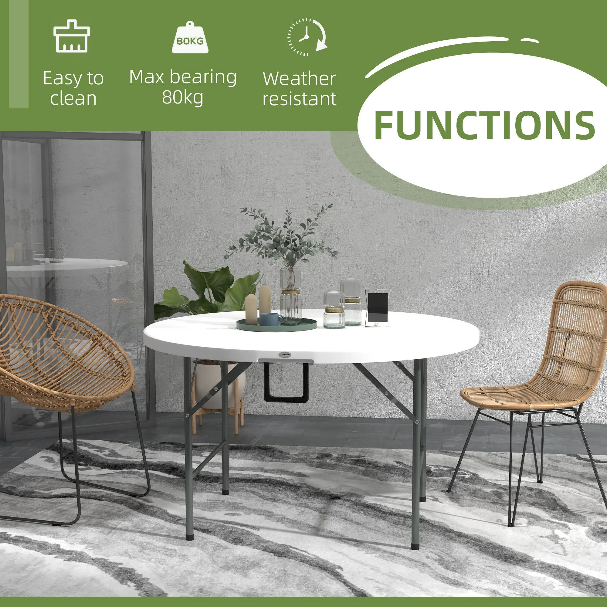 Φ48" Folding Patio Table, Outdoor HDPE Picnic Table, Card Table for 6, Round Folding Banquet with Metal Frame, White