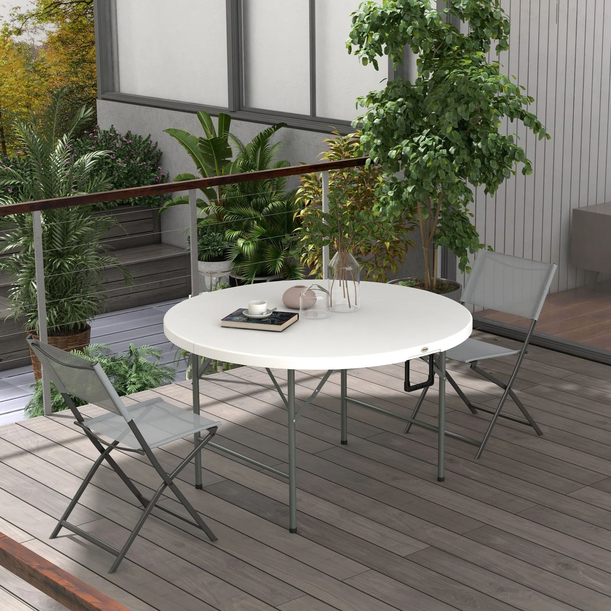 Φ48" Folding Patio Table, Outdoor HDPE Picnic Table, Card Table for 6, Round Folding Banquet with Metal Frame, White