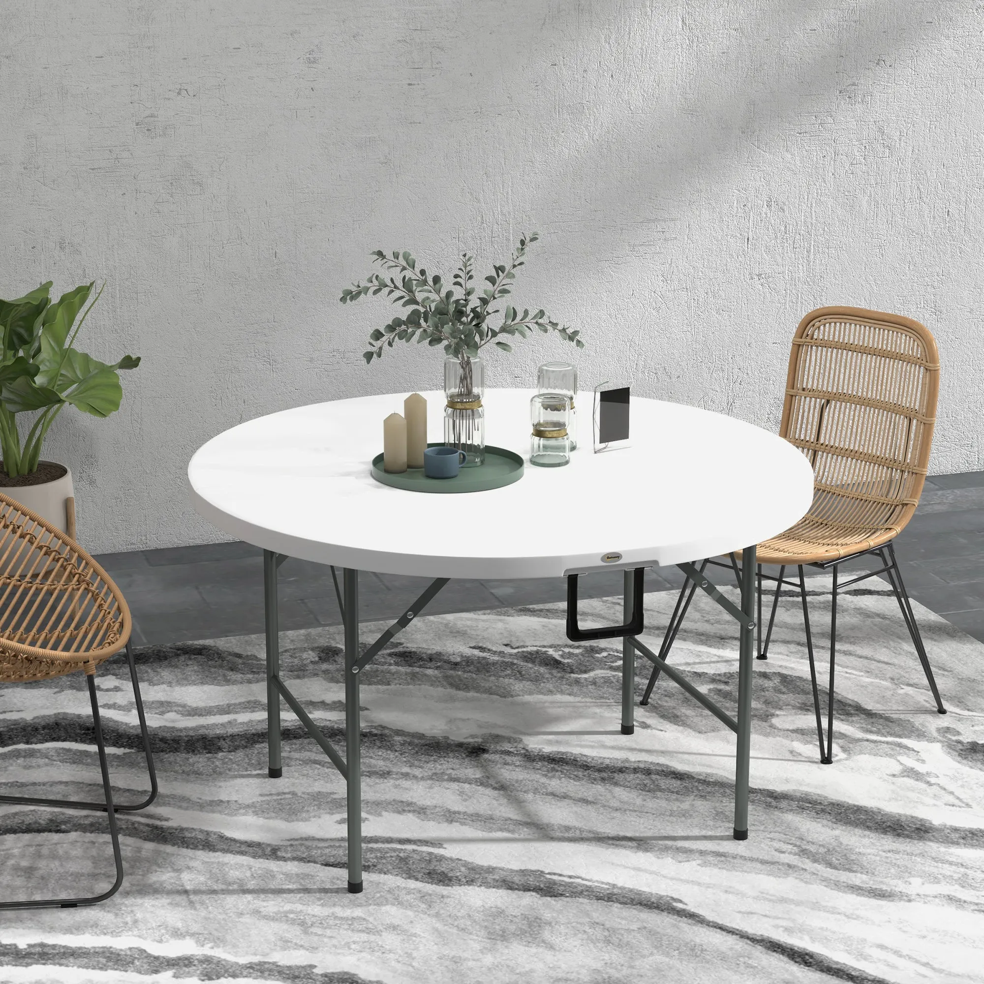Φ48" Folding Patio Table, Outdoor HDPE Picnic Table, Card Table for 6, Round Folding Banquet with Metal Frame, White