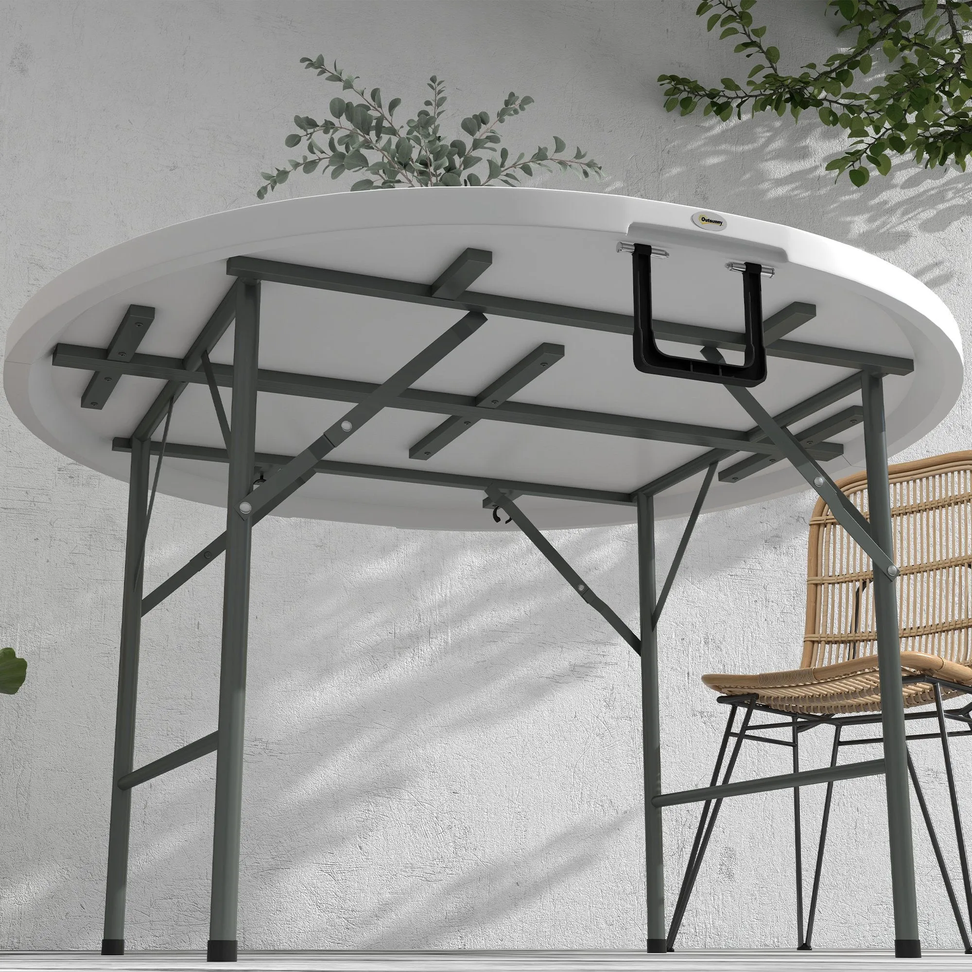 Φ48" Folding Patio Table, Outdoor HDPE Picnic Table, Card Table for 6, Round Folding Banquet with Metal Frame, White
