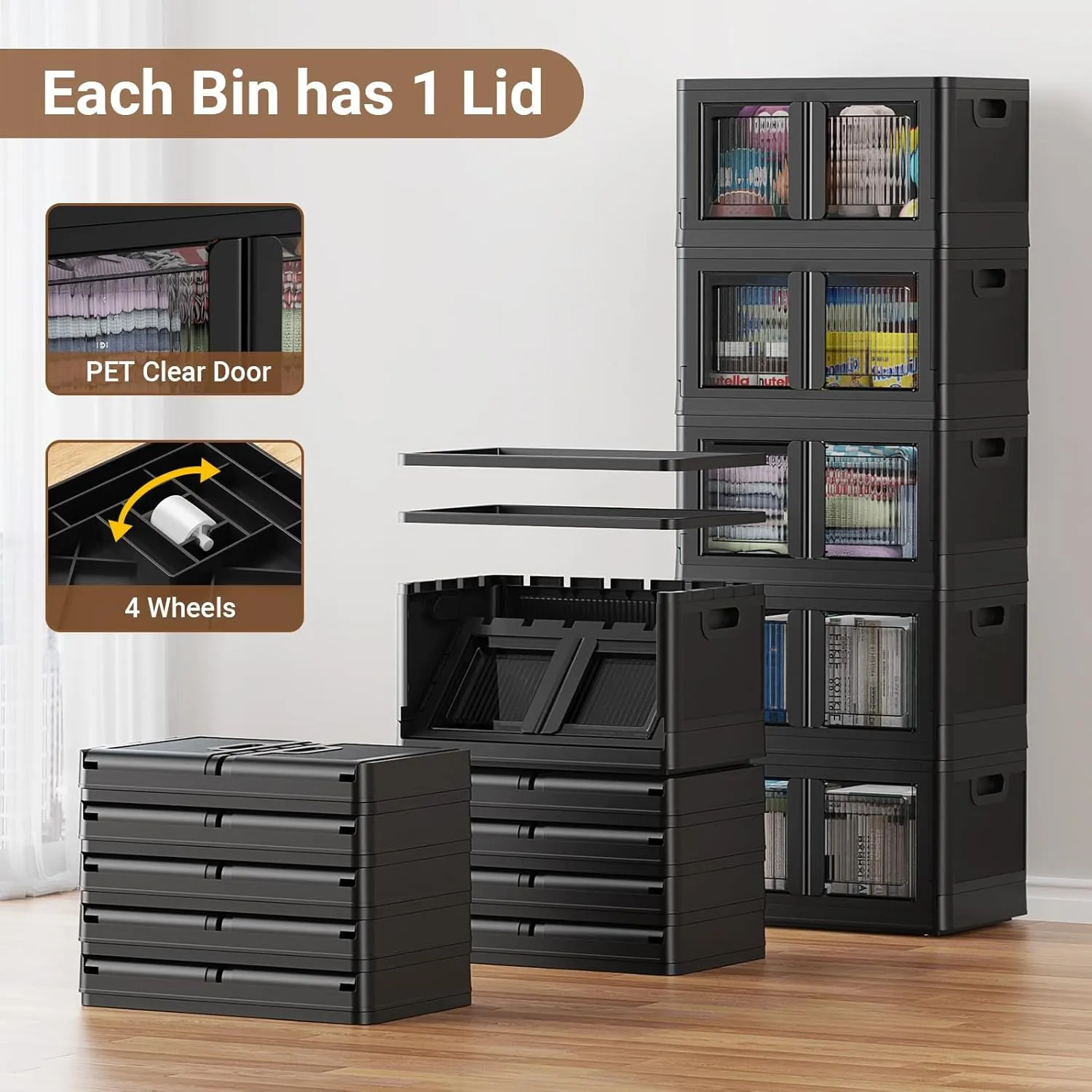 4Pack 400QT Total Plastic Storage Bins with Lids, 100Gal Total Stackable Containers with Wheels, Folding Closet Organizers, Collapsible Cabinet with Doors for Closet Home Dorm, V6 Black