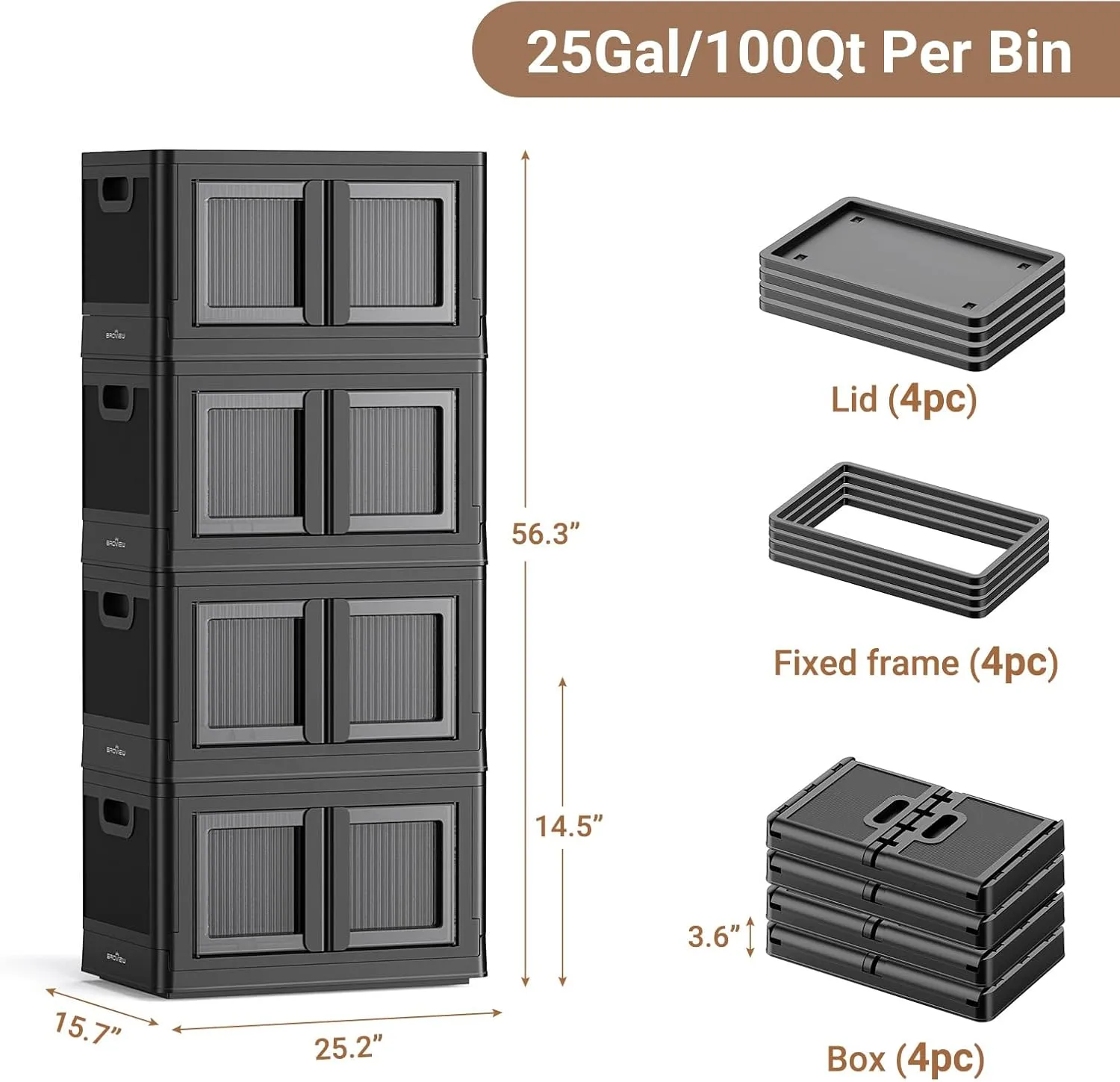 4Pack 400QT Total Plastic Storage Bins with Lids, 100Gal Total Stackable Containers with Wheels, Folding Closet Organizers, Collapsible Cabinet with Doors for Closet Home Dorm, V6 Black