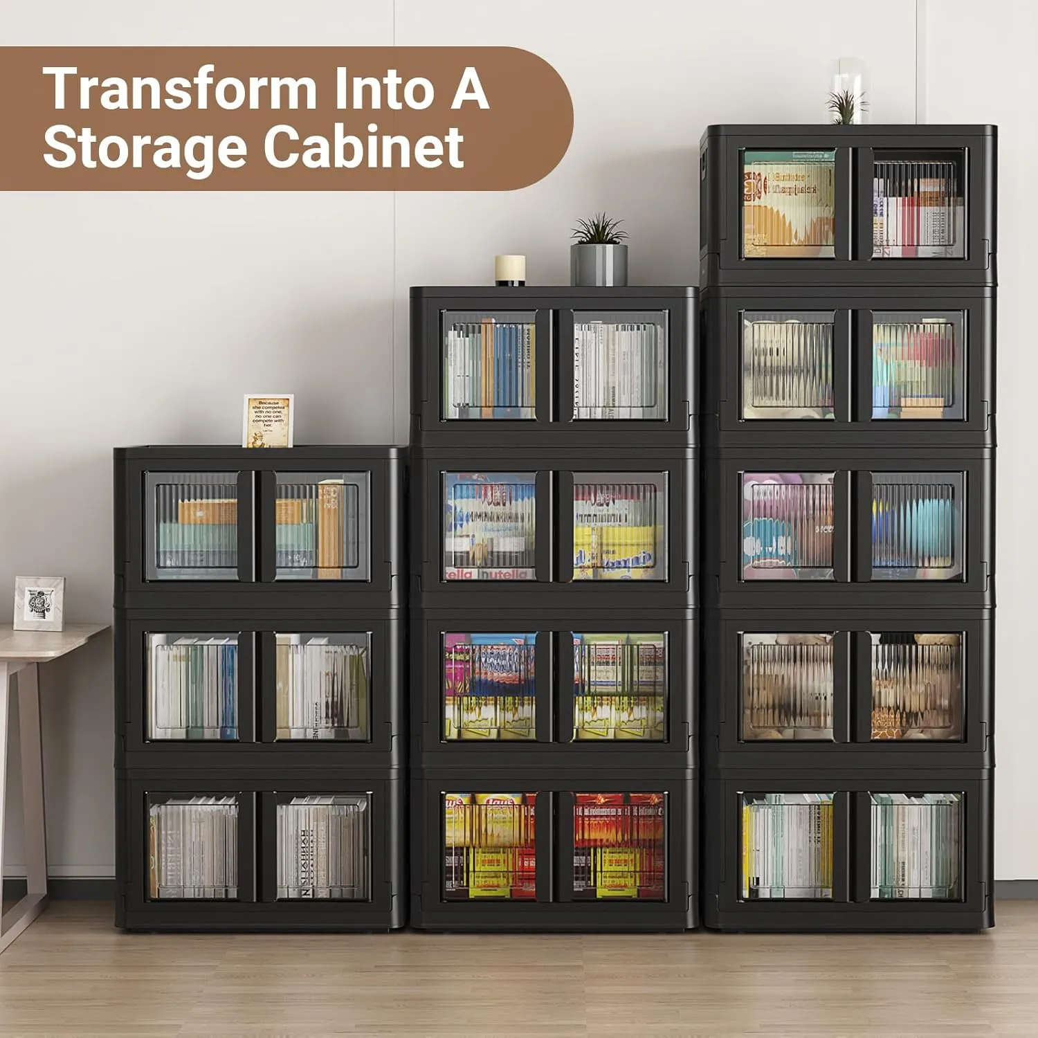 4Pack 400QT Total Plastic Storage Bins with Lids, 100Gal Total Stackable Containers with Wheels, Folding Closet Organizers, Collapsible Cabinet with Doors for Closet Home Dorm, V6 Black