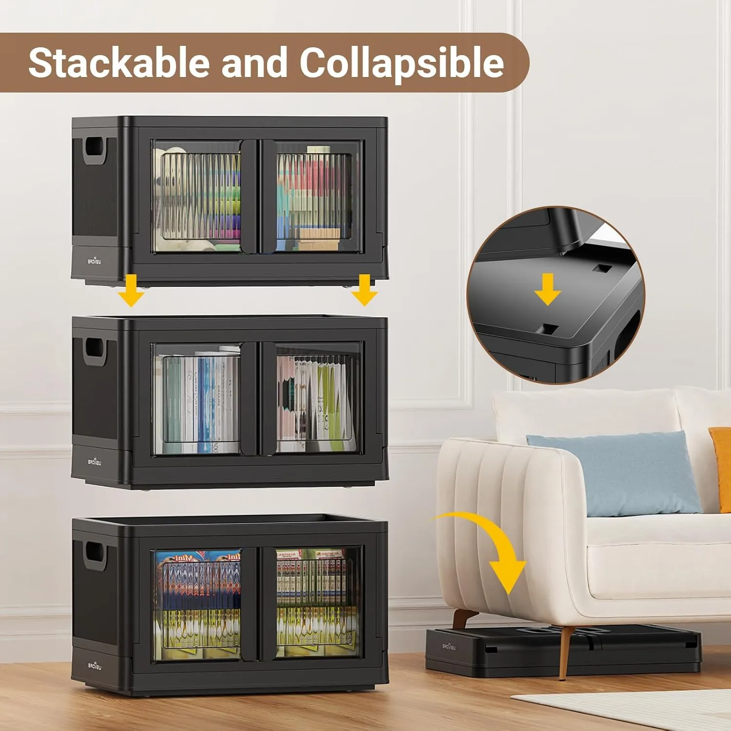 4Pack 400QT Total Plastic Storage Bins with Lids, 100Gal Total Stackable Containers with Wheels, Folding Closet Organizers, Collapsible Cabinet with Doors for Closet Home Dorm, V6 Black