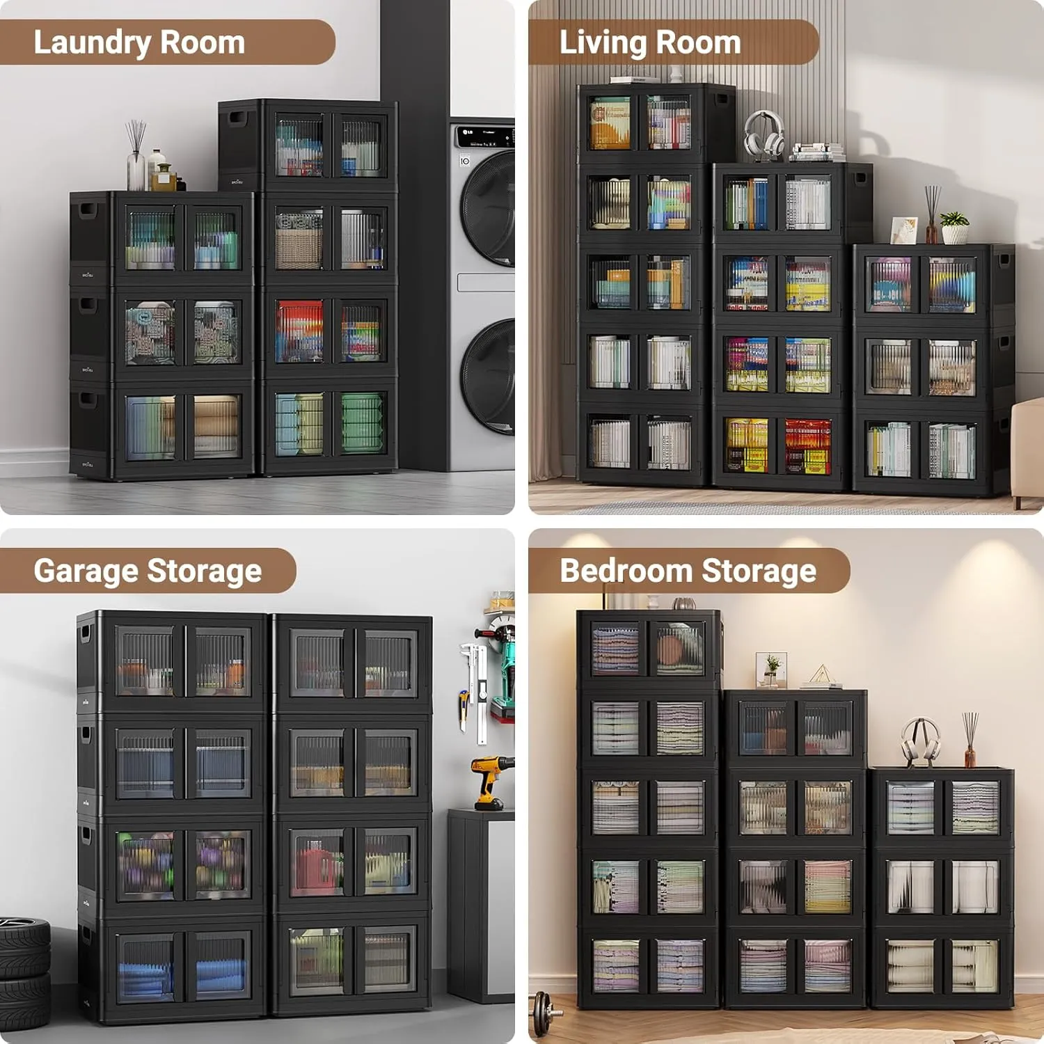 4Pack 400QT Total Plastic Storage Bins with Lids, 100Gal Total Stackable Containers with Wheels, Folding Closet Organizers, Collapsible Cabinet with Doors for Closet Home Dorm, V6 Black