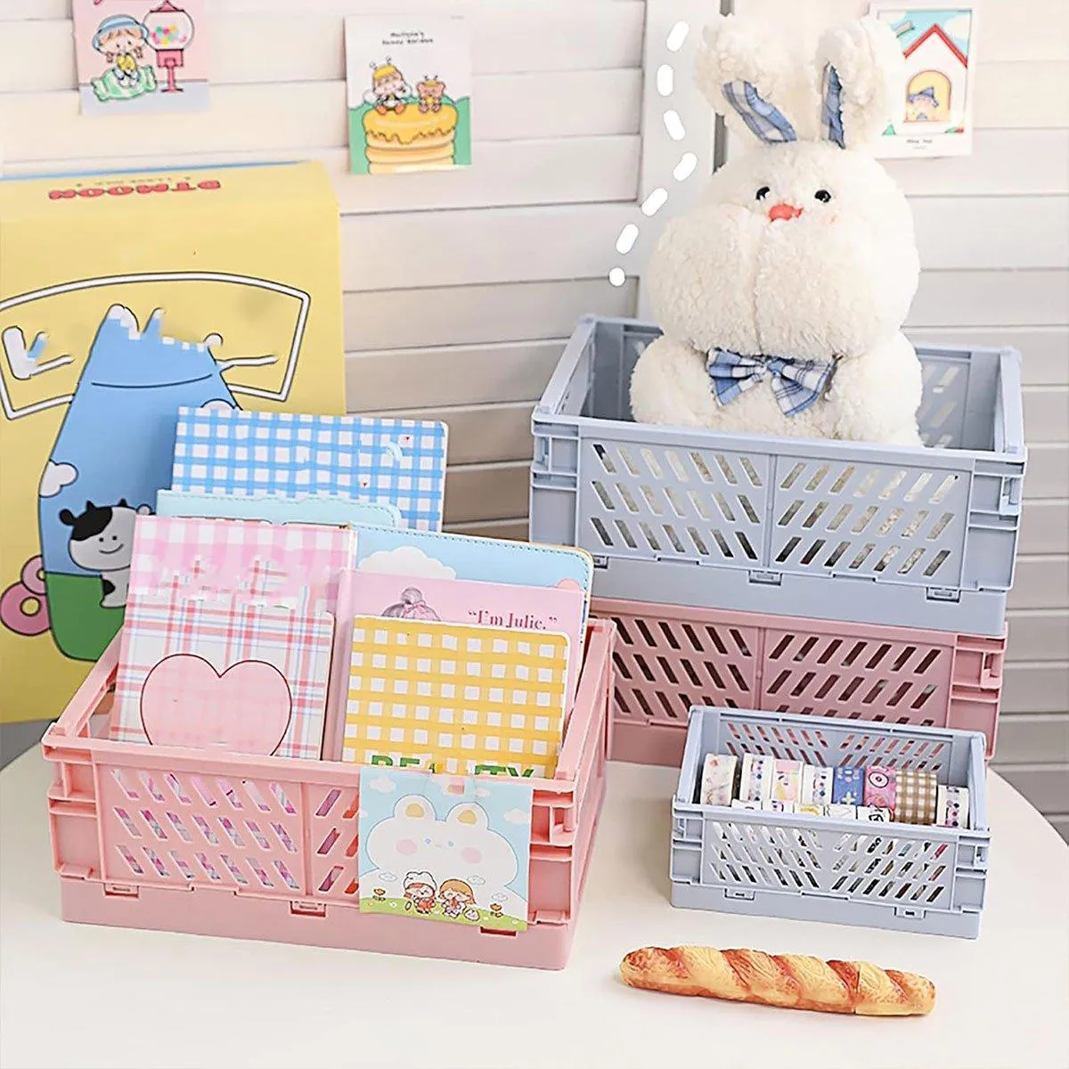 4PCS Desktop Foldable Storage Stackable Shelf Organiser Basket for Stationery