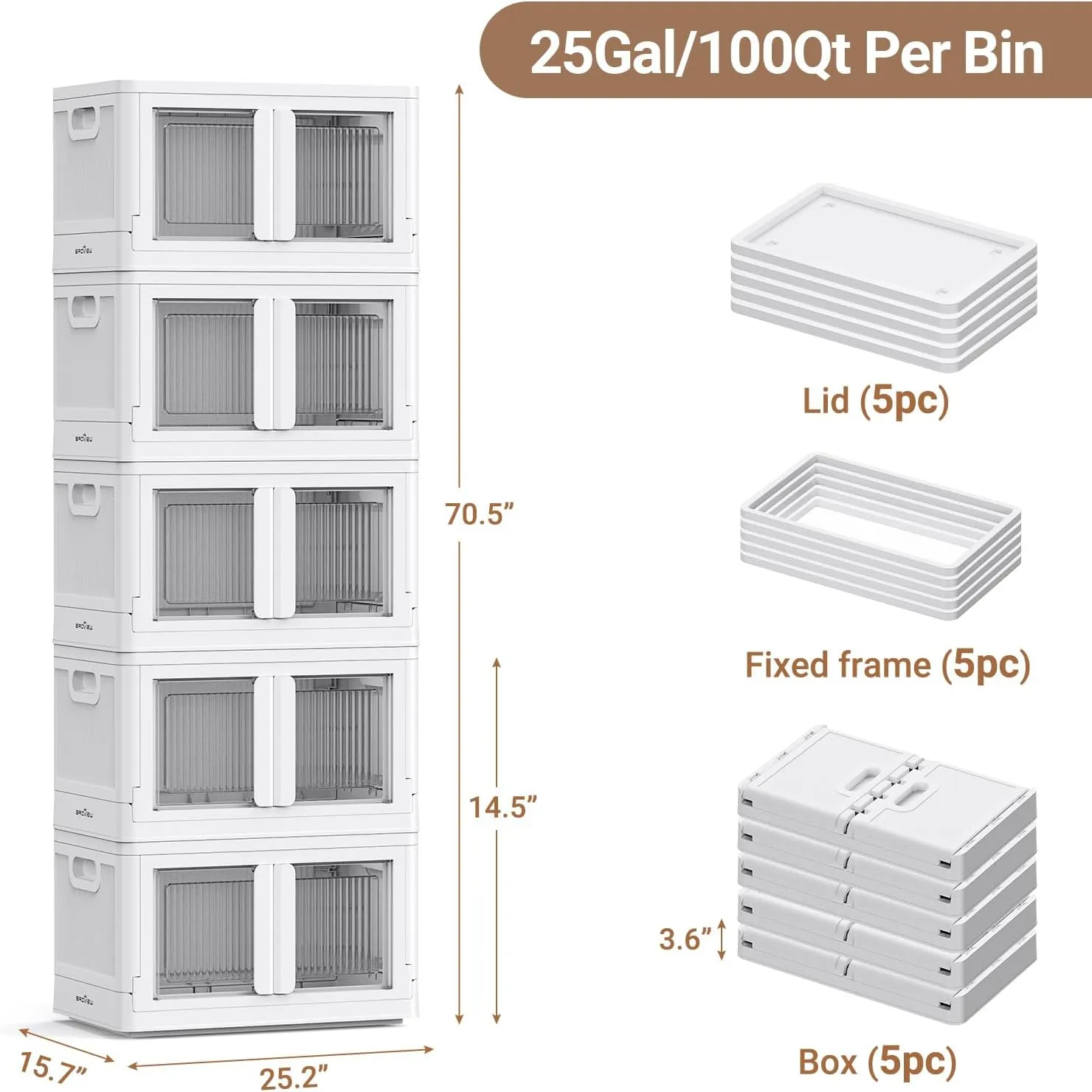 5Pack 500QT Total Plastic Storage Bins With Lids, 125Gal Total Stackable Containers With Wheels, Folding Closet Organizers, Collapsible Cabinet with Doors for Closet Home Dorm, V6 White