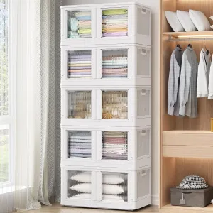 5Pack 500QT Total Plastic Storage Bins With Lids, 125Gal Total Stackable Containers With Wheels, Folding Closet Organizers, Collapsible Cabinet with Doors for Closet Home Dorm, V6 White