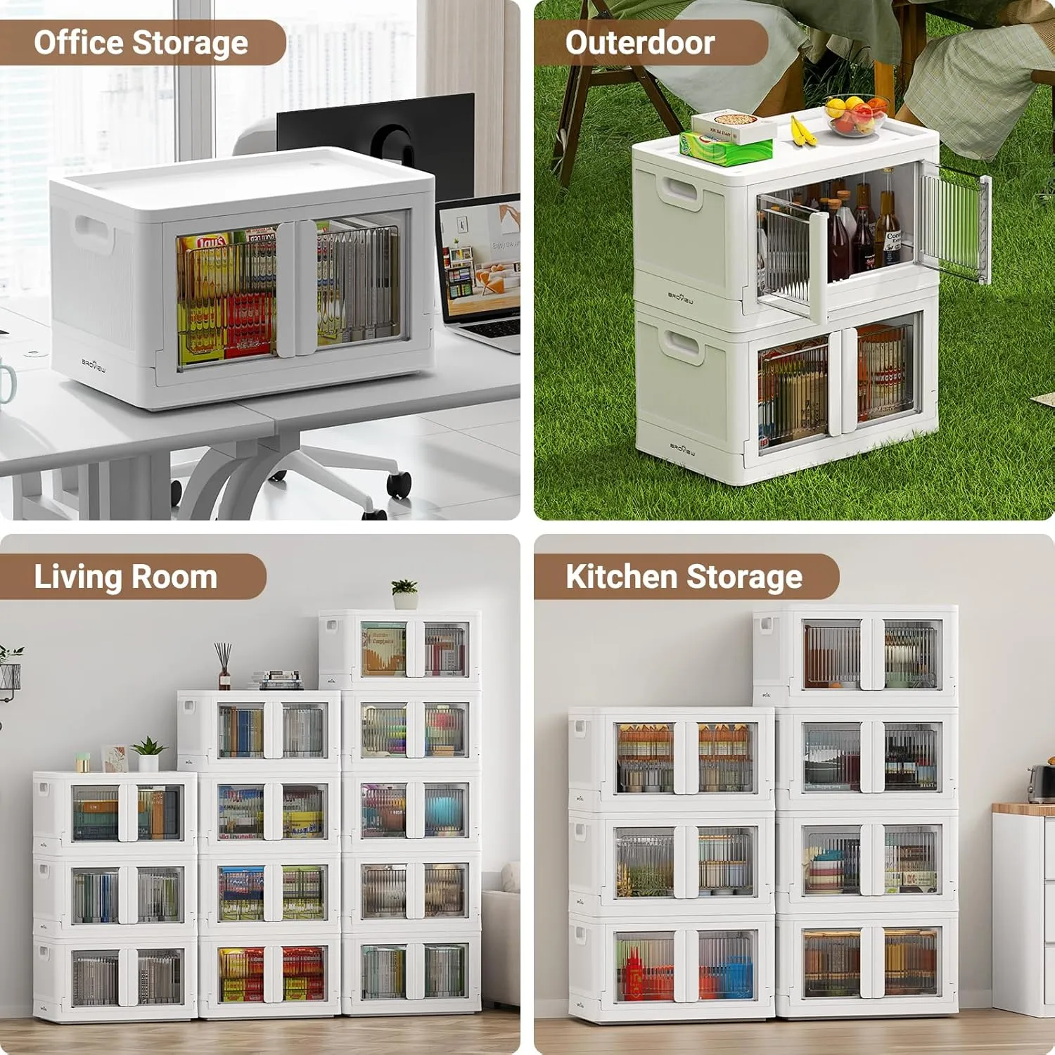 5Pack 500QT Total Plastic Storage Bins With Lids, 125Gal Total Stackable Containers With Wheels, Folding Closet Organizers, Collapsible Cabinet with Doors for Closet Home Dorm, V6 White