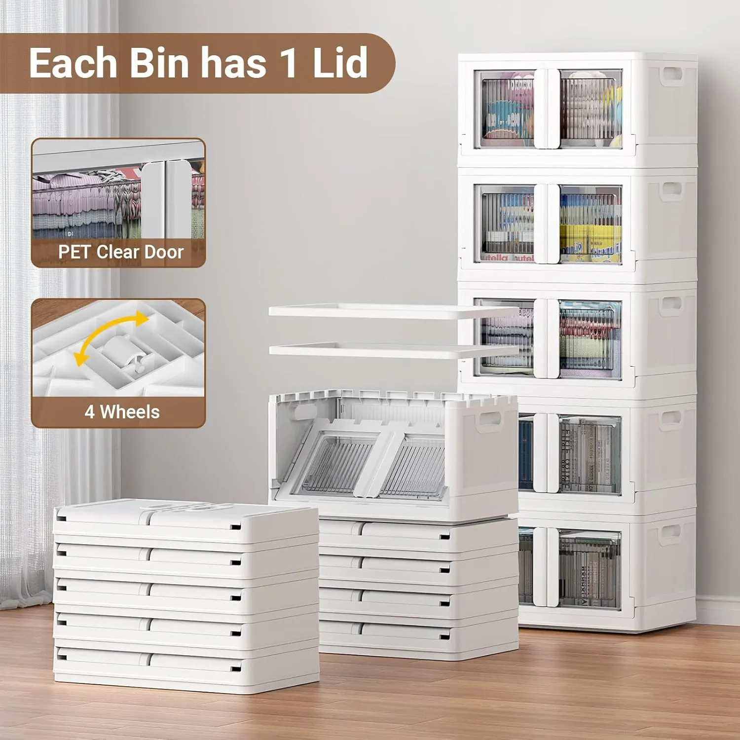 5Pack 500QT Total Plastic Storage Bins With Lids, 125Gal Total Stackable Containers With Wheels, Folding Closet Organizers, Collapsible Cabinet with Doors for Closet Home Dorm, V6 White