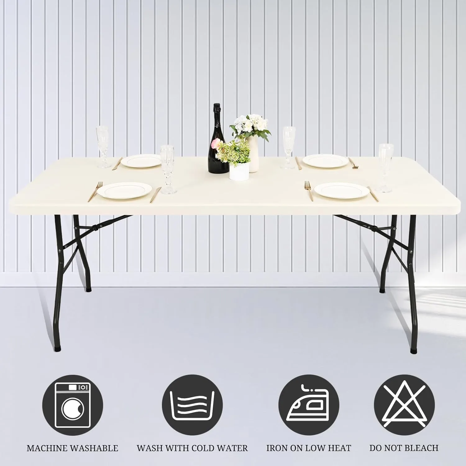 6 Pack Stretch Fabric Table Top Cap Cover, fits 6' Tables, Spandex Table Covers Washable Elastic Rectangle Tablecloth Protector for Indoor Outdoor Party Picnic Wedding, Ivory, 30" W x 72" L