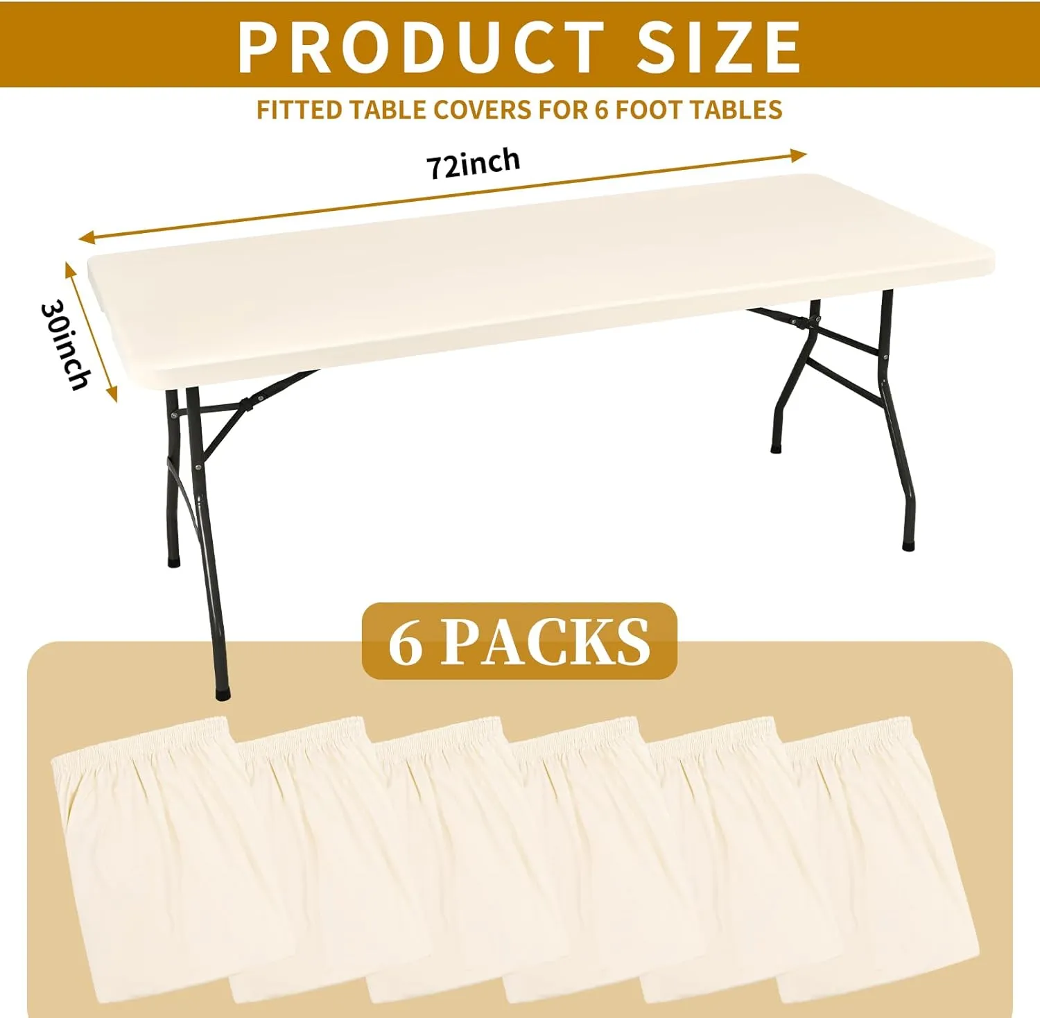 6 Pack Stretch Fabric Table Top Cap Cover, fits 6' Tables, Spandex Table Covers Washable Elastic Rectangle Tablecloth Protector for Indoor Outdoor Party Picnic Wedding, Ivory, 30" W x 72" L