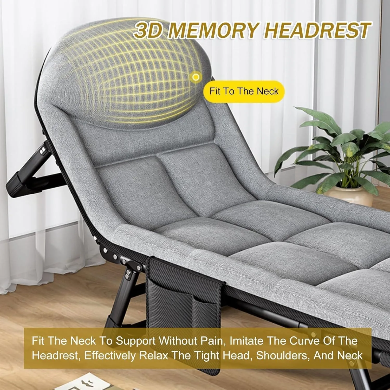 8-Foot Support Camping Cot with Mattress for Adults, 6-Position Folding Chaise Lounge Chair, Portable Folding Bed Built-in Headrest