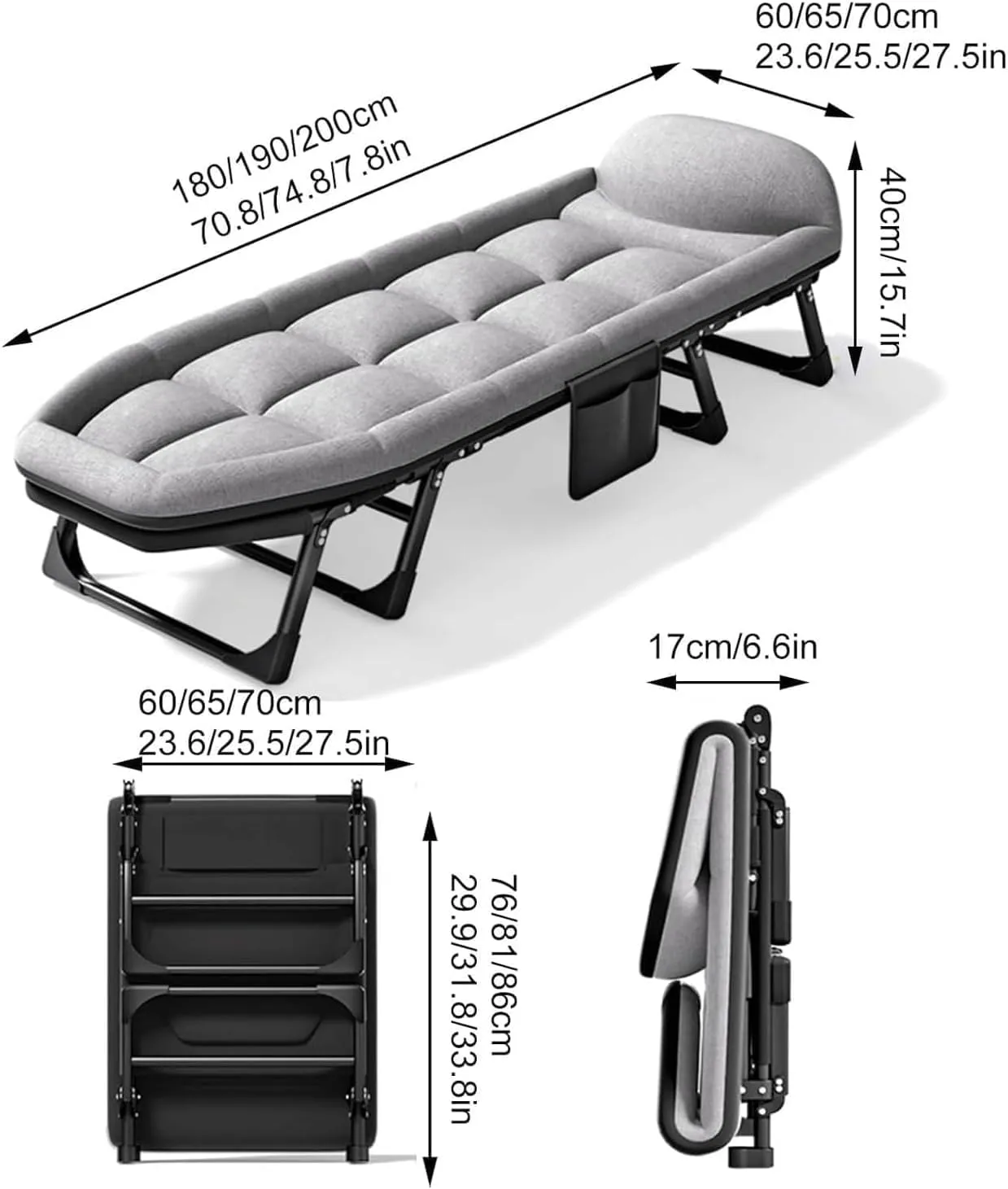 8-Foot Support Camping Cot with Mattress for Adults, 6-Position Folding Chaise Lounge Chair, Portable Folding Bed Built-in Headrest