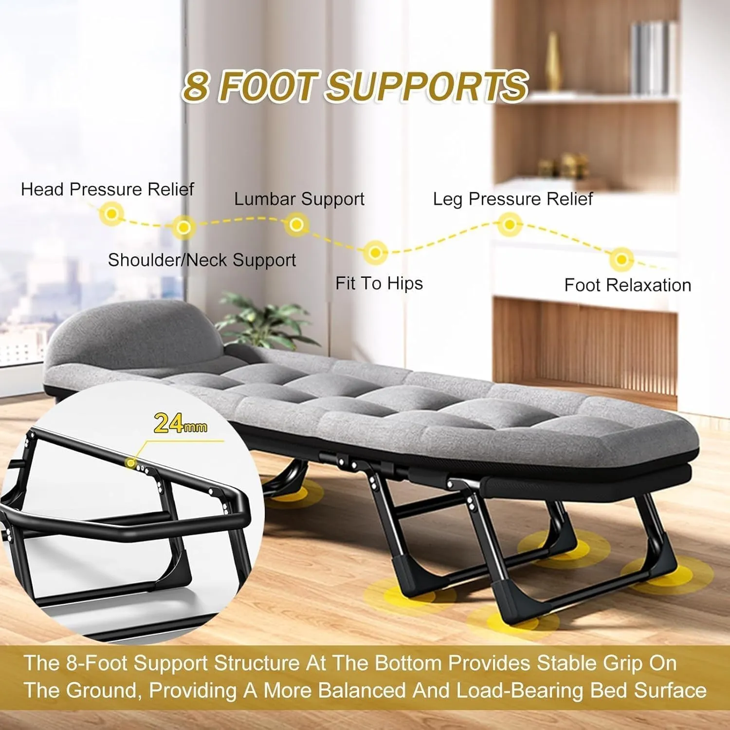 8-Foot Support Camping Cot with Mattress for Adults, 6-Position Folding Chaise Lounge Chair, Portable Folding Bed Built-in Headrest