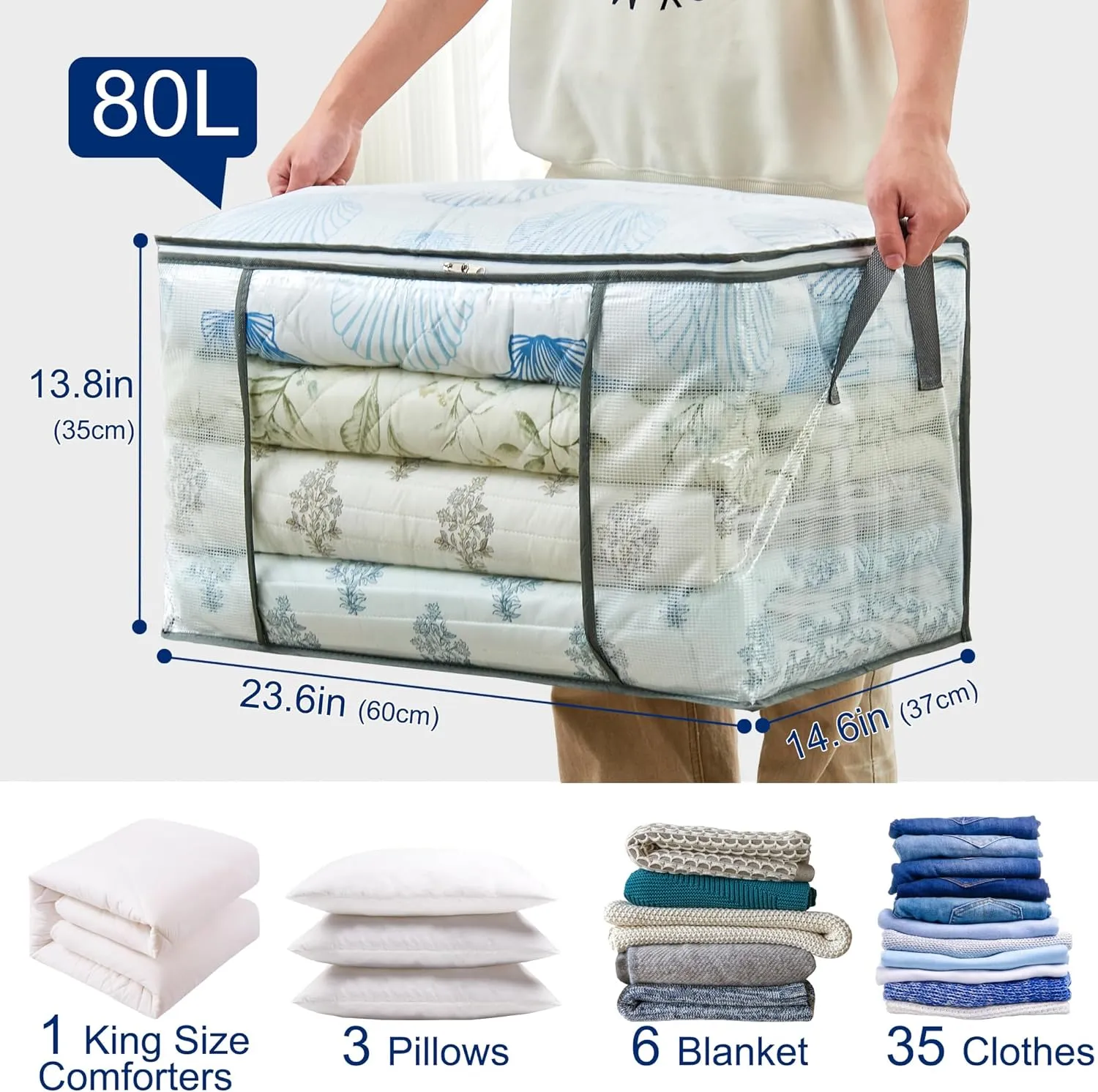80L Clear Large Storage Bag, Clothes Storage Containers for Organizing Closet, Bedroom, Underbed, Comforters, Clothing, Blankets, Pillow, Foldable Organizer with Sturdy Handle and Zippers (3)
