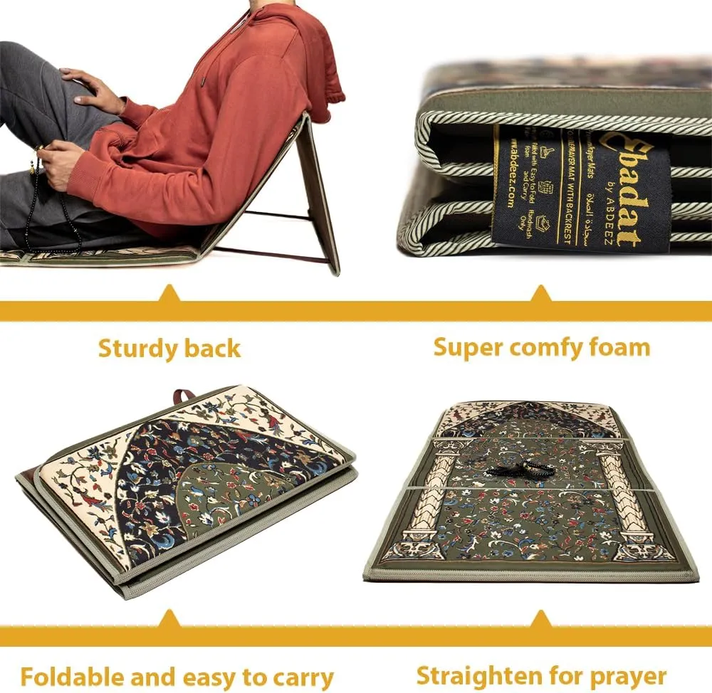 ABDEEZ Exclusive Foldable Prayer Mat with Backrest, Flannel Fabric | Extra Padding for Comfort | Easy to Carry | Janamaz, Sajadah | Ramadan/Eid Gift, Perfect Muslim Gift