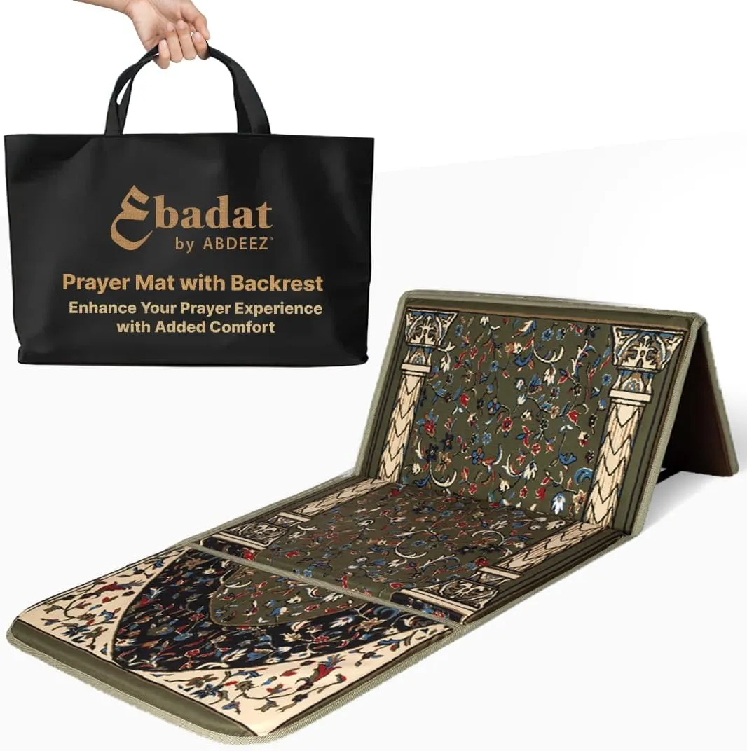 ABDEEZ Exclusive Foldable Prayer Mat with Backrest, Flannel Fabric | Extra Padding for Comfort | Easy to Carry | Janamaz, Sajadah | Ramadan/Eid Gift, Perfect Muslim Gift
