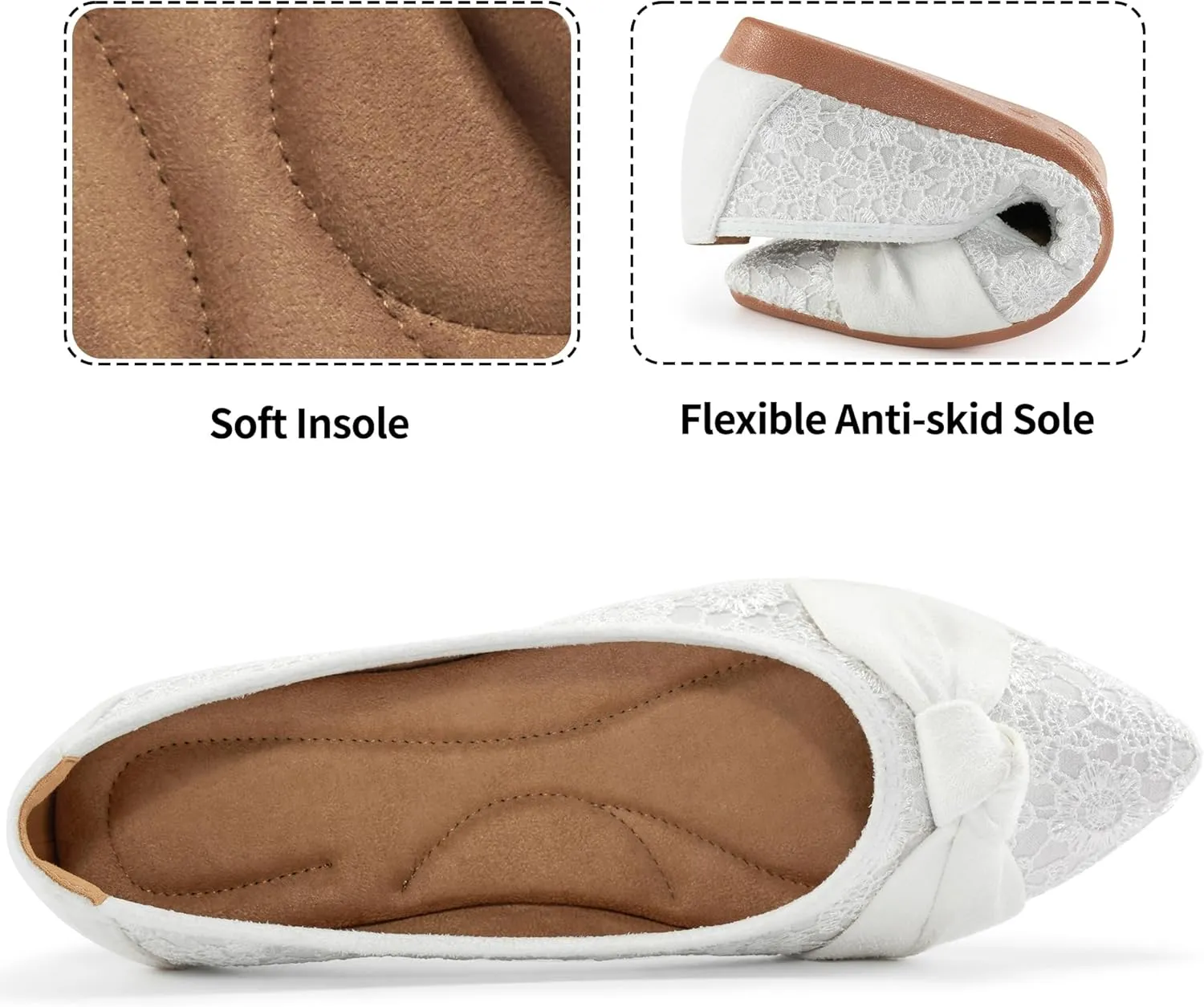 Ablanczoom Dress Shoes for Womens Flats: Dressy Comfortable Pointed Toe Bow Lace Mesh Ballet Flat Wedding Bridal Shoe for Women