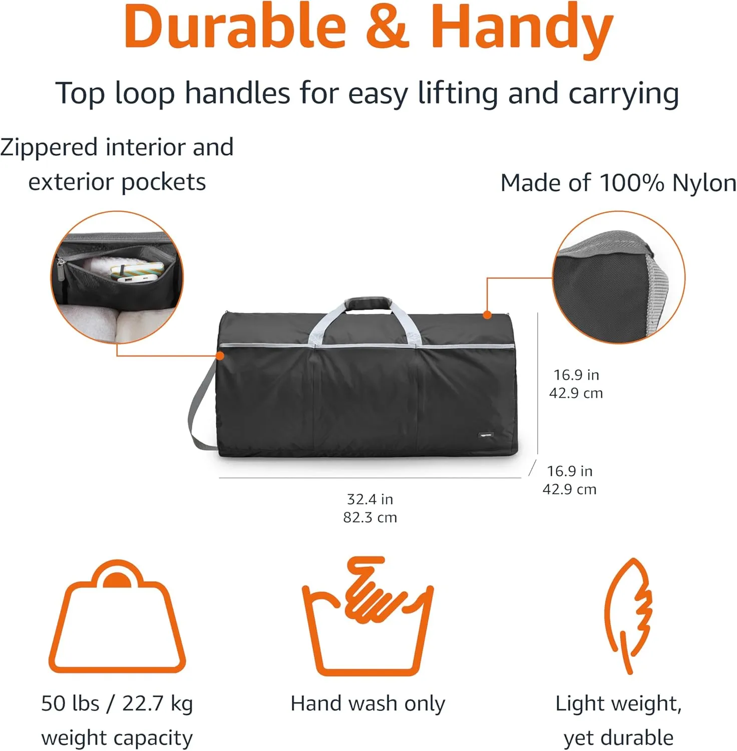 Amazon Basics 32" Extra Large Foldable Duffle Bag for Travel & Storage, with Exterior/Interior Zippered Pockets, Lightweight/Durable Nylon Material, 50-LBS Capacity, 9254 Cubic Inch (150L), Black