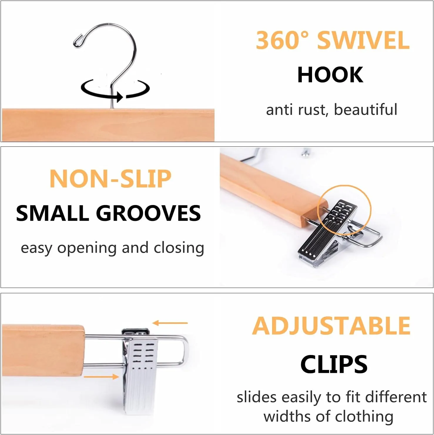 Amber Home 10 Pack 14.17" Solid Natural Wooden Pant Skirt Hangers, Bottom Hangers for Slacks Trousers Jeans with 2-Adjustable Anti-Rust Clips (Natural, 10 Pack)