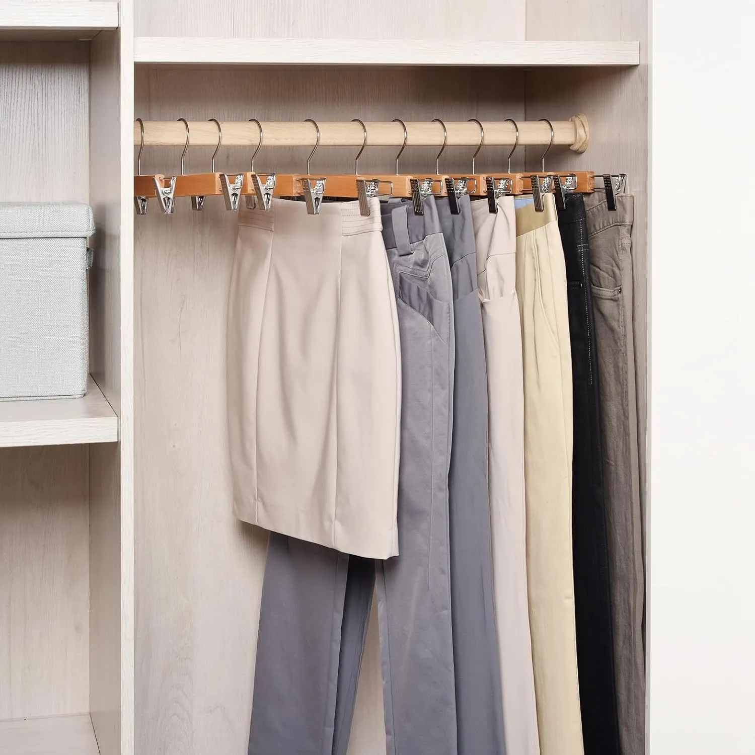 Amber Home 10 Pack 14.17" Solid Natural Wooden Pant Skirt Hangers, Bottom Hangers for Slacks Trousers Jeans with 2-Adjustable Anti-Rust Clips (Natural, 10 Pack)