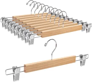 Amber Home 10 Pack 14.17" Solid Natural Wooden Pant Skirt Hangers, Bottom Hangers for Slacks Trousers Jeans with 2-Adjustable Anti-Rust Clips (Natural, 10 Pack)