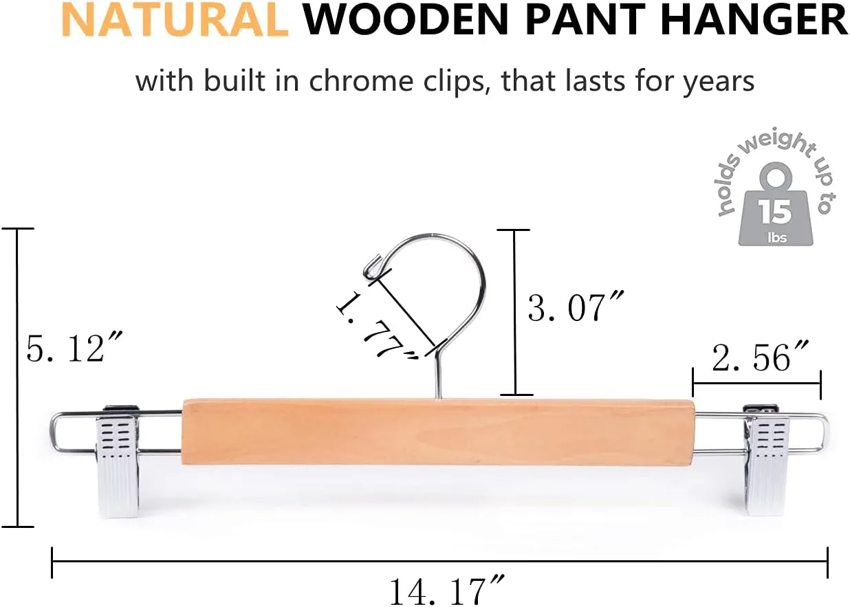 Amber Home 10 Pack 14.17" Solid Natural Wooden Pant Skirt Hangers, Bottom Hangers for Slacks Trousers Jeans with 2-Adjustable Anti-Rust Clips (Natural, 10 Pack)