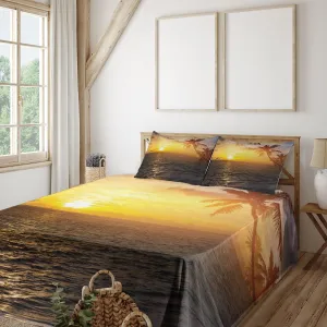 Ambesonne Beach Sheet Set, Palm Trees in Tropical Island Beach Jumping Fishes and Majestic Sunset Image, Fitted and Flat Sheet with Pillowcases Bedding Accent 4 Piece Set, Queen, Yellow Bluegrey