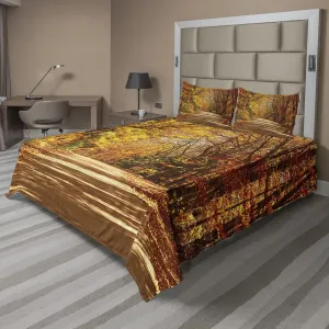 Ambesonne Fall Sheet Set, Scenic View Outdoors Empty Roadway Surrounded with Deciduous Trees Image, Fitted and Flat Sheet with Pillowcases Bedding Accent 4 Piece Set, Calking, Redwood Yellow Orange