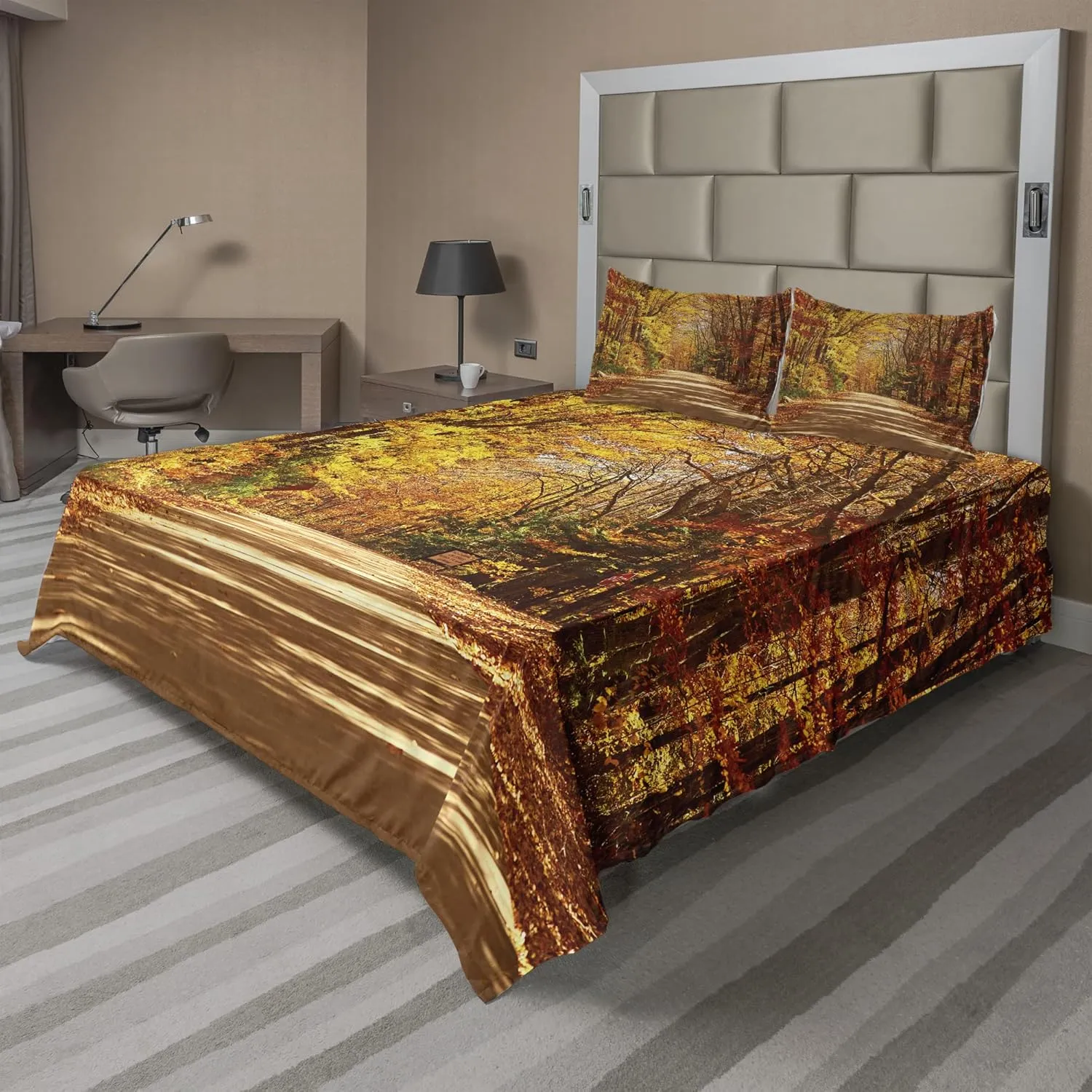 Ambesonne Fall Sheet Set, Scenic View Outdoors Empty Roadway Surrounded with Deciduous Trees Image, Fitted and Flat Sheet with Pillowcases Bedding Accent 4 Piece Set, Calking, Redwood Yellow Orange