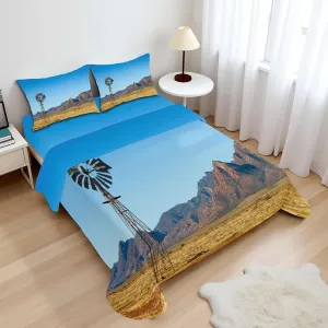Ambesonne Windmill Sheet Set, Flinders Ranges South Australia Mountains Barren Land Summer, Fitted and Flat Sheet with Pillowcases Bedding Accent 4 Piece Set, Calking, Earth Yellow Pale Blue