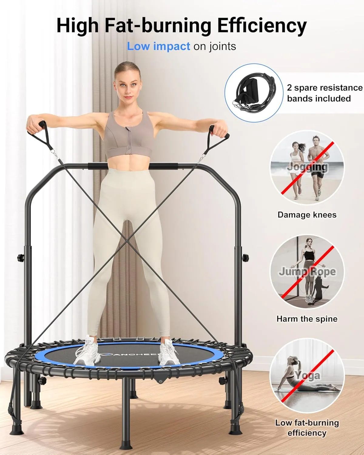 ANCHEER 40"/48" Foldable Rebounder Trampoline for Adults/Kids with Resistance Bands and Bungees, Indoor & Outdoor Mini Trampoline with Bar and Safety Padding - Max Load 330lbs/450lbs