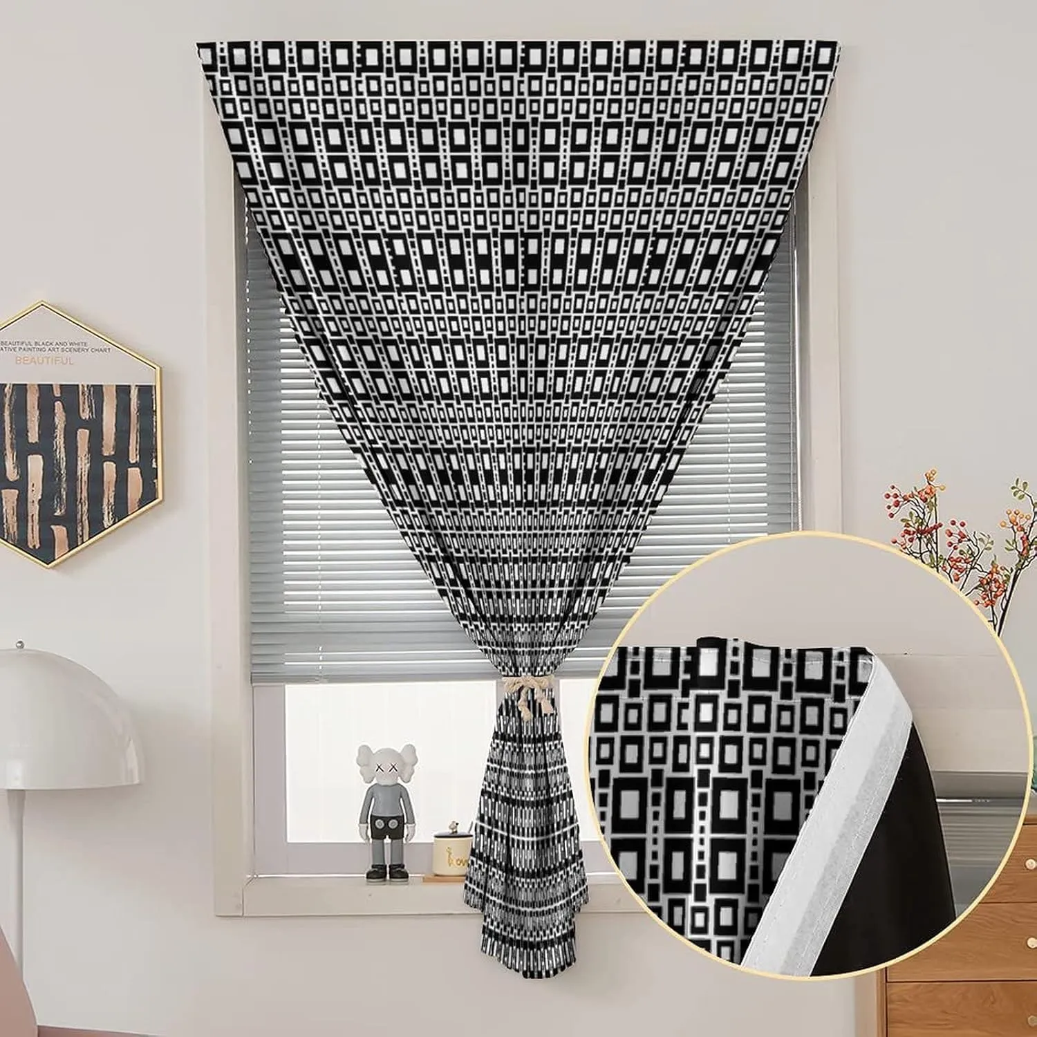 Anywhere Portable Blackout Curtain, Abstract Door Window Curtains, Monochrome Squares of Motif Grid Design Geometric Print Bedroom Blackout Curtains,59W x72L Inch, for Kitchen Bathroom Living Room