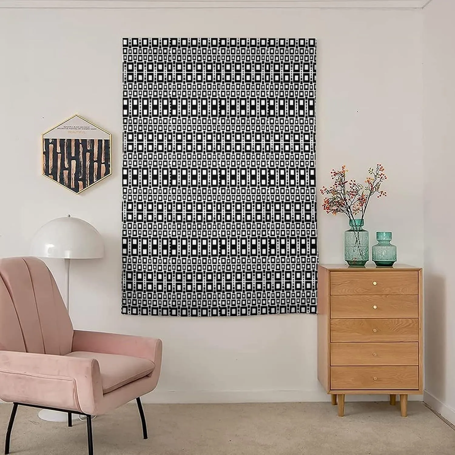 Anywhere Portable Blackout Curtain, Abstract Door Window Curtains, Monochrome Squares of Motif Grid Design Geometric Print Bedroom Blackout Curtains,59W x72L Inch, for Kitchen Bathroom Living Room