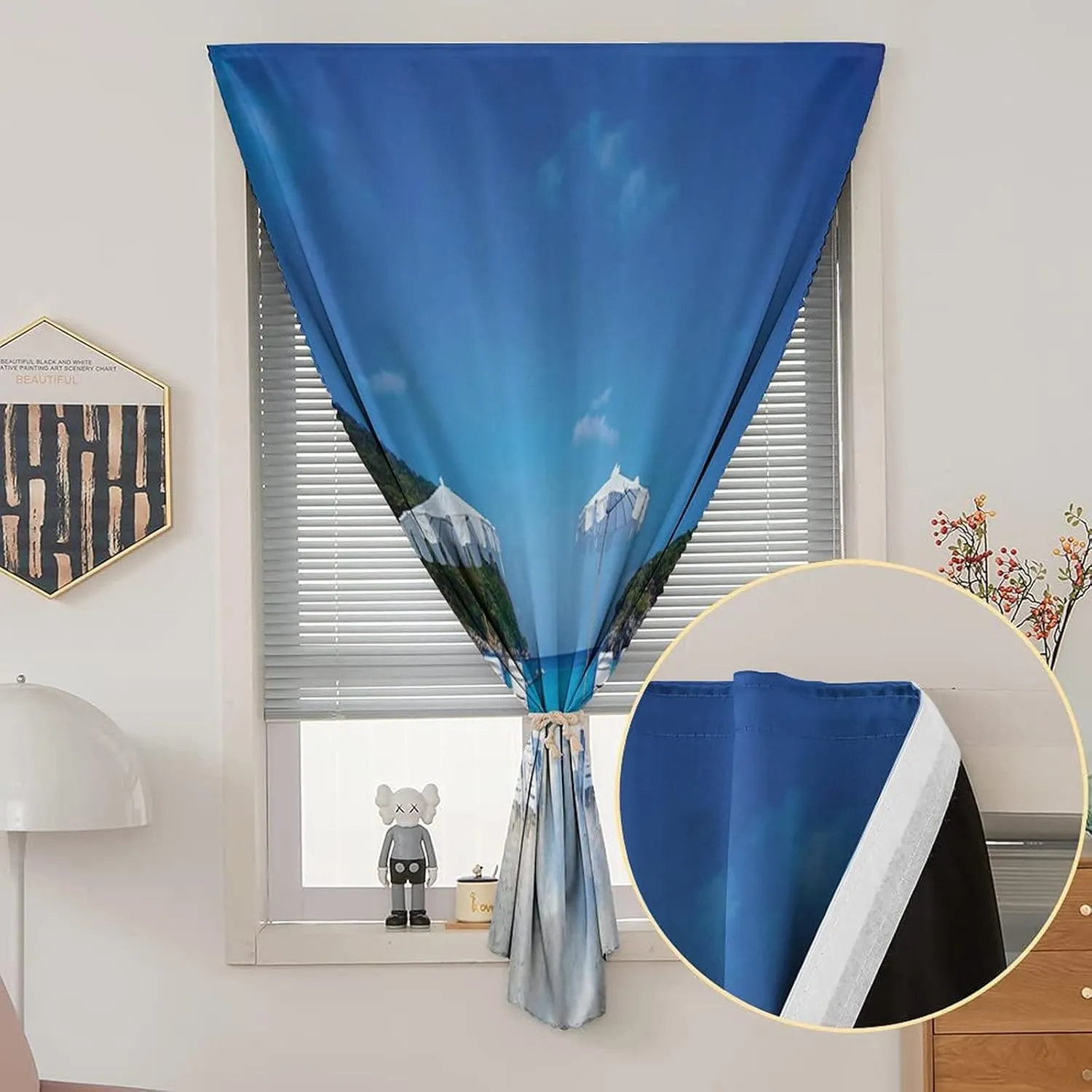 Anywhere Portable Blackout Curtain, Seaside Door Window Curtains, Seaside Hills Sandy Beach with Chairs Umbrellas Print Bedroom Blackout Curtains,59W x72L Inches, for Bathroom Living Room Bedroom