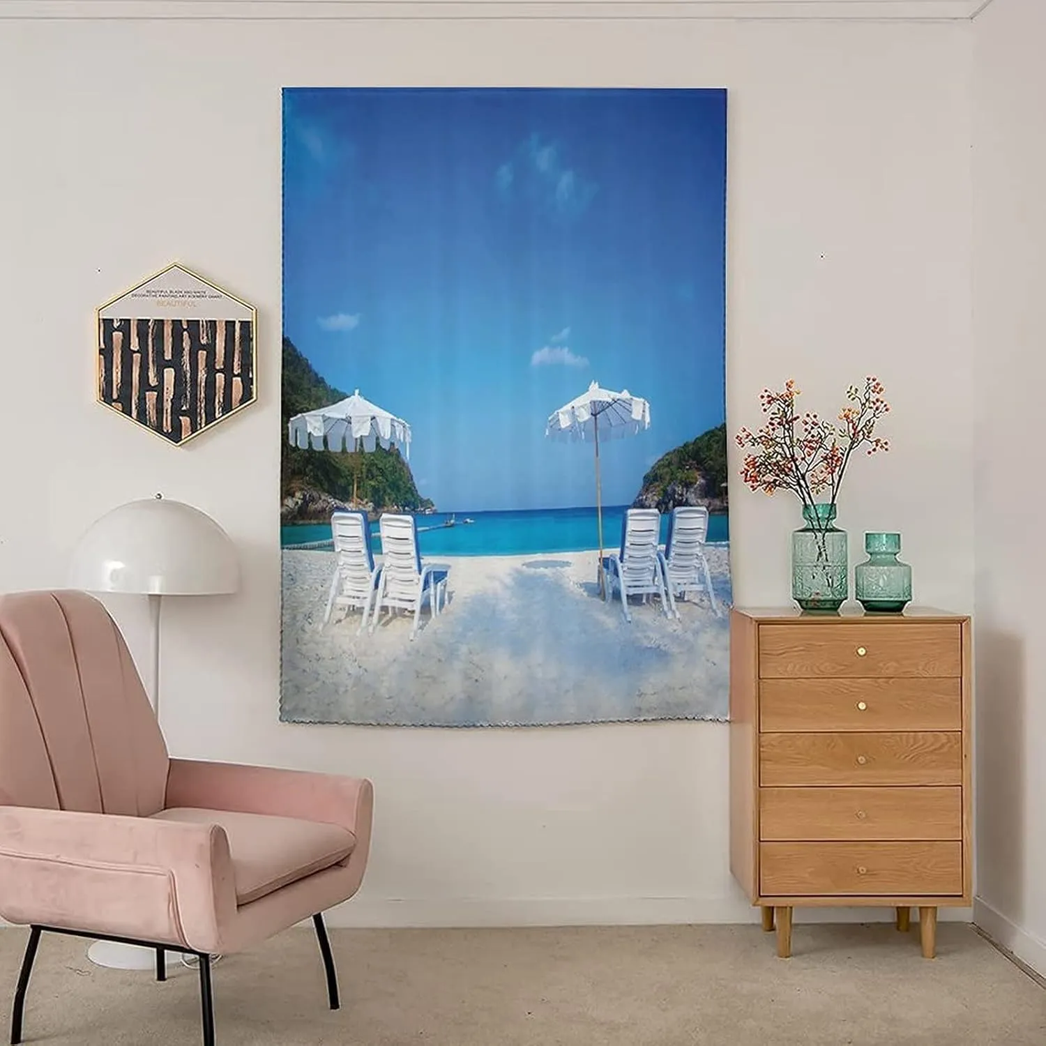 Anywhere Portable Blackout Curtain, Seaside Door Window Curtains, Seaside Hills Sandy Beach with Chairs Umbrellas Print Bedroom Blackout Curtains,59W x72L Inches, for Bathroom Living Room Bedroom