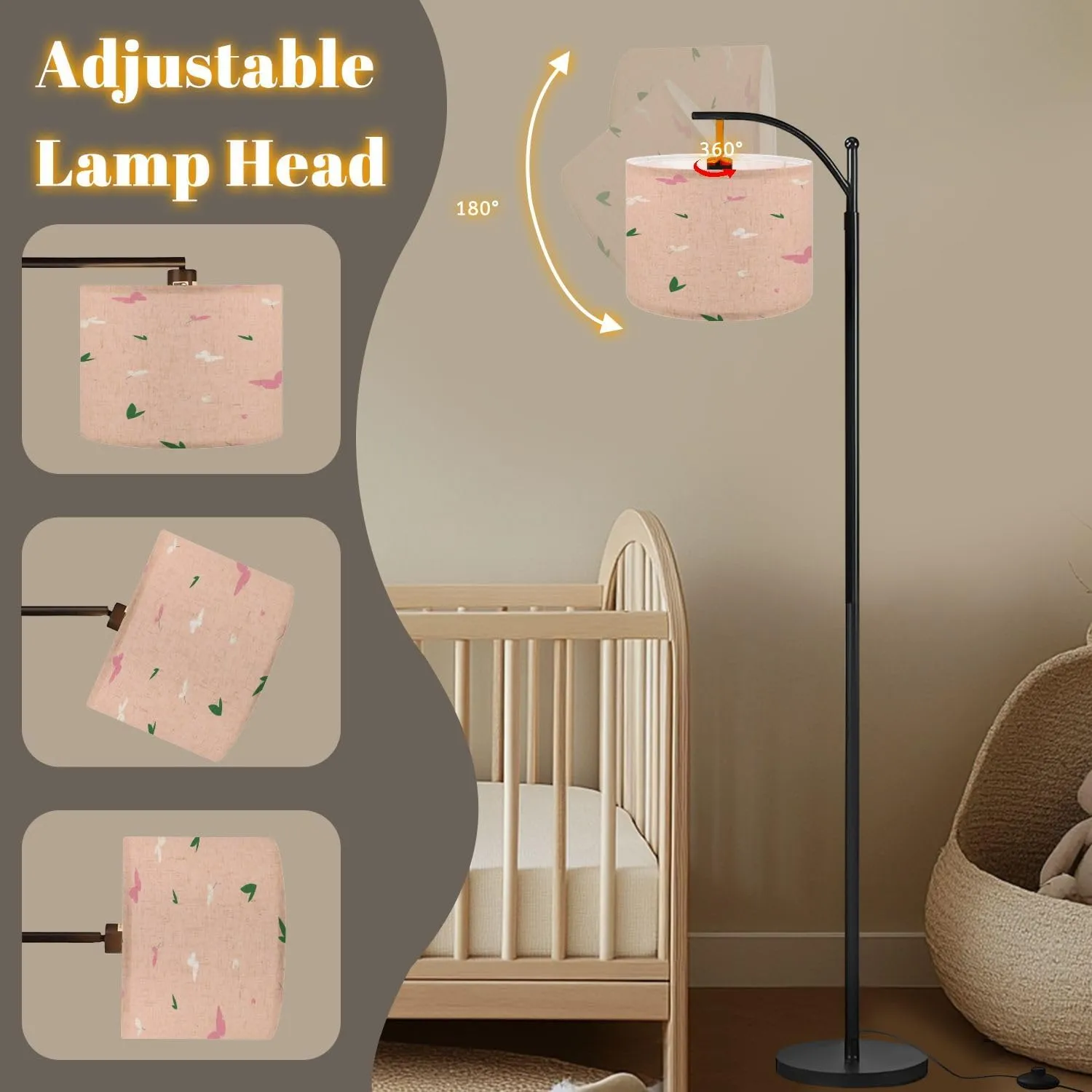 Arc Floor Lamps Seamless Flat Pattern Minimalistic Flowers Butterflies Petals Delicate Modern LED Adjustable Lampshade Standing Light for Living Room Reading Bedroom Office