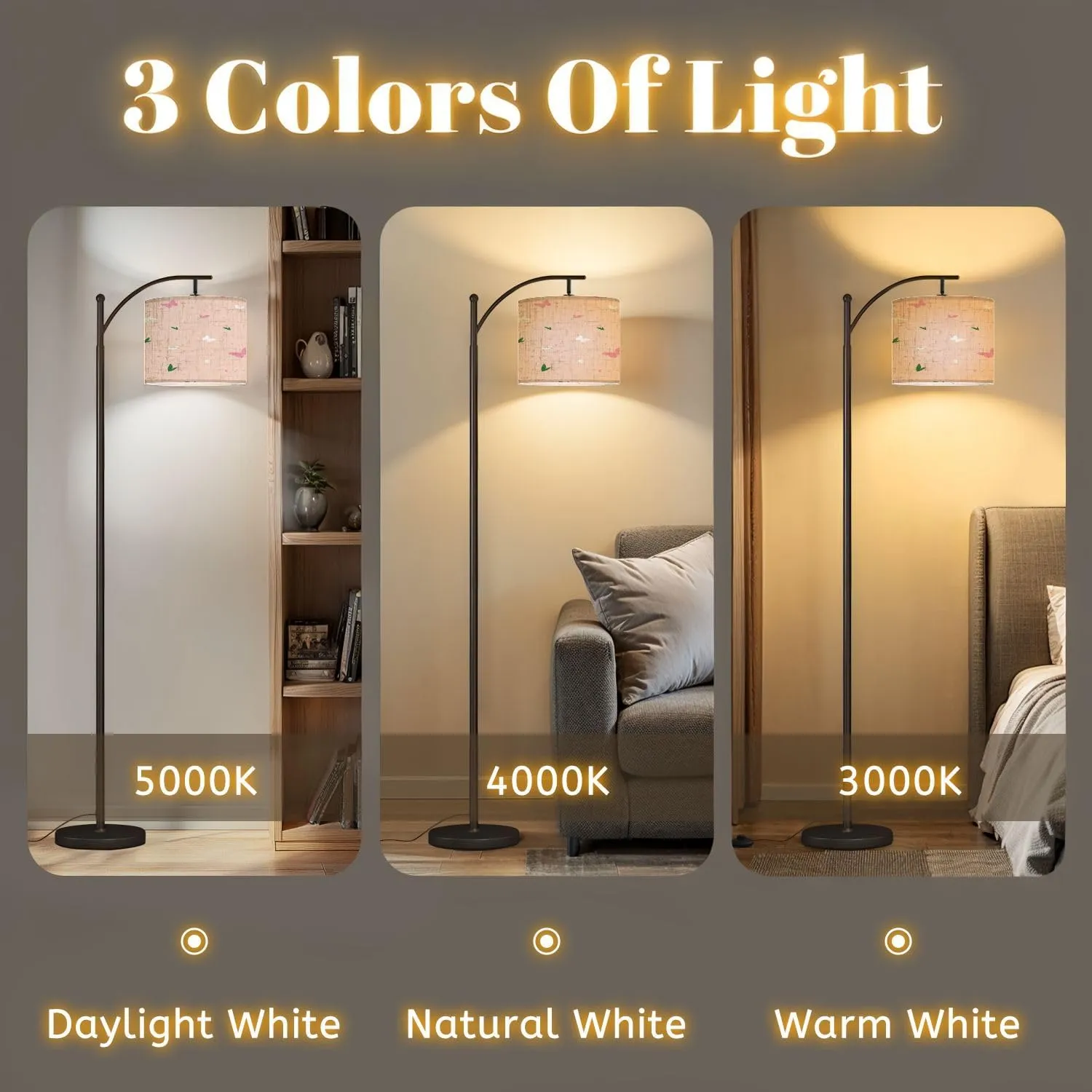 Arc Floor Lamps Seamless Flat Pattern Minimalistic Flowers Butterflies Petals Delicate Modern LED Adjustable Lampshade Standing Light for Living Room Reading Bedroom Office