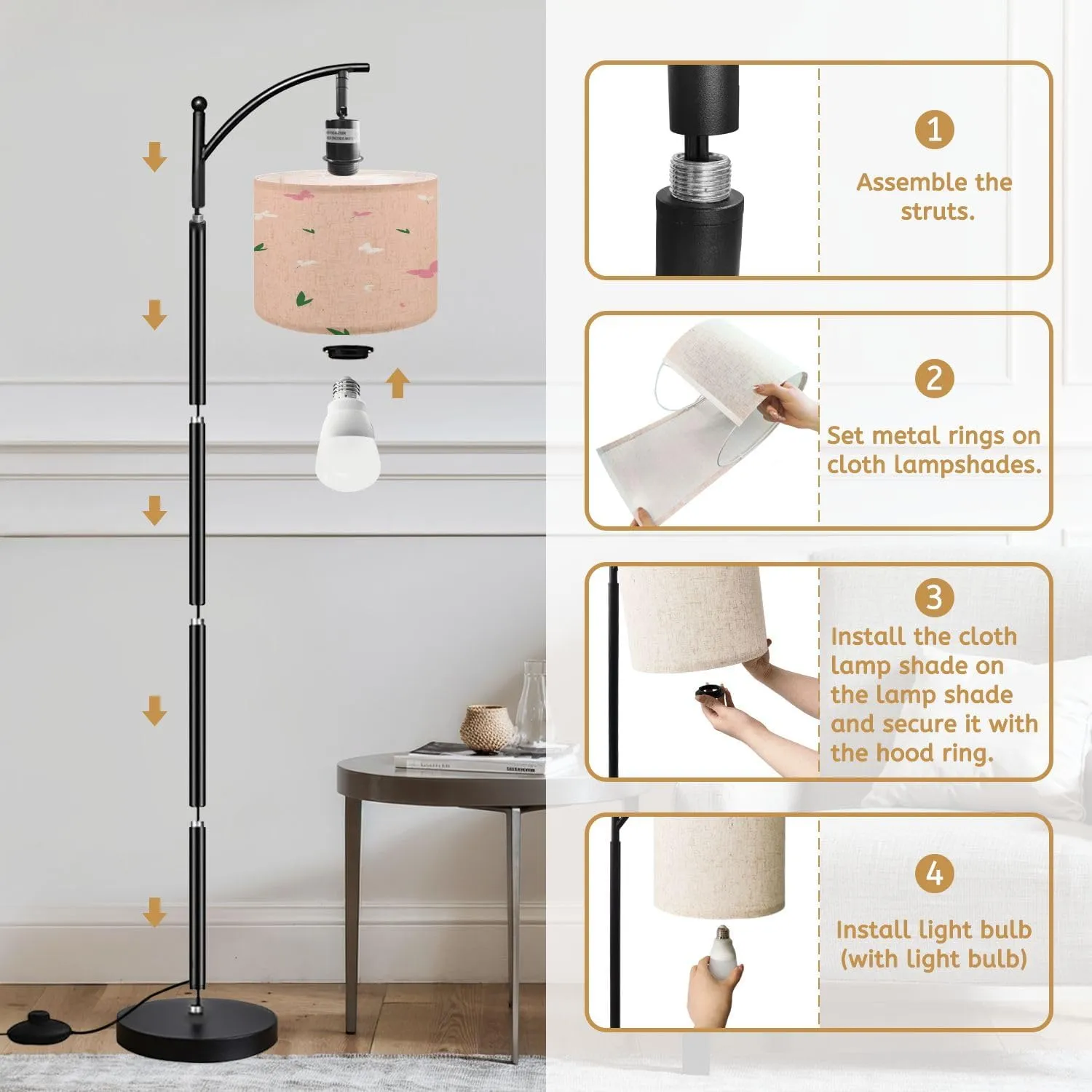 Arc Floor Lamps Seamless Flat Pattern Minimalistic Flowers Butterflies Petals Delicate Modern LED Adjustable Lampshade Standing Light for Living Room Reading Bedroom Office