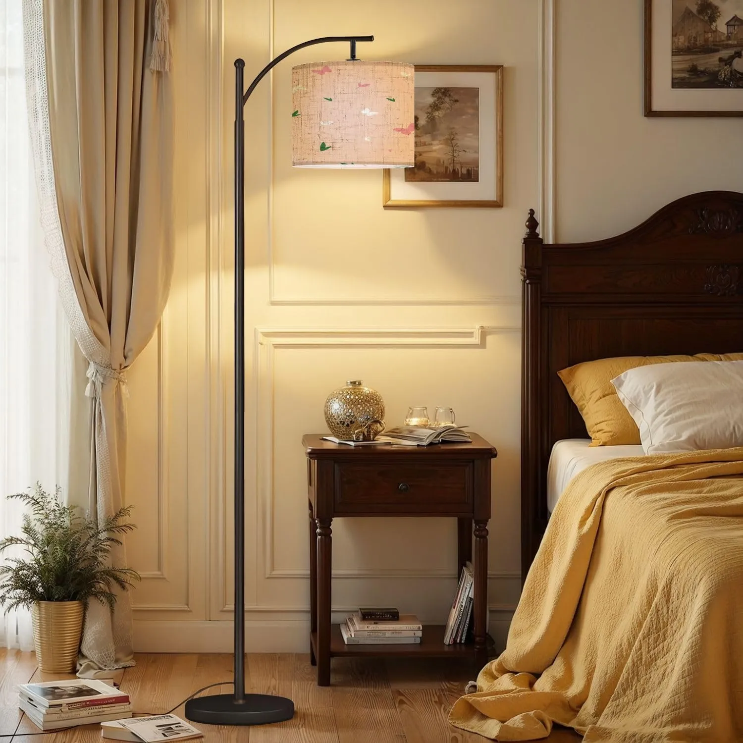 Arc Floor Lamps Seamless Flat Pattern Minimalistic Flowers Butterflies Petals Delicate Modern LED Adjustable Lampshade Standing Light for Living Room Reading Bedroom Office