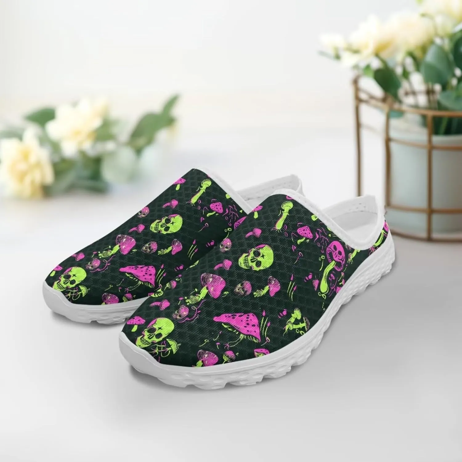 Art Skull Design Women Mesh Mules Memory Foam Flat Anti-Slip Fashion Sneakers Comfortable Slip-On Mule Garden Shoes