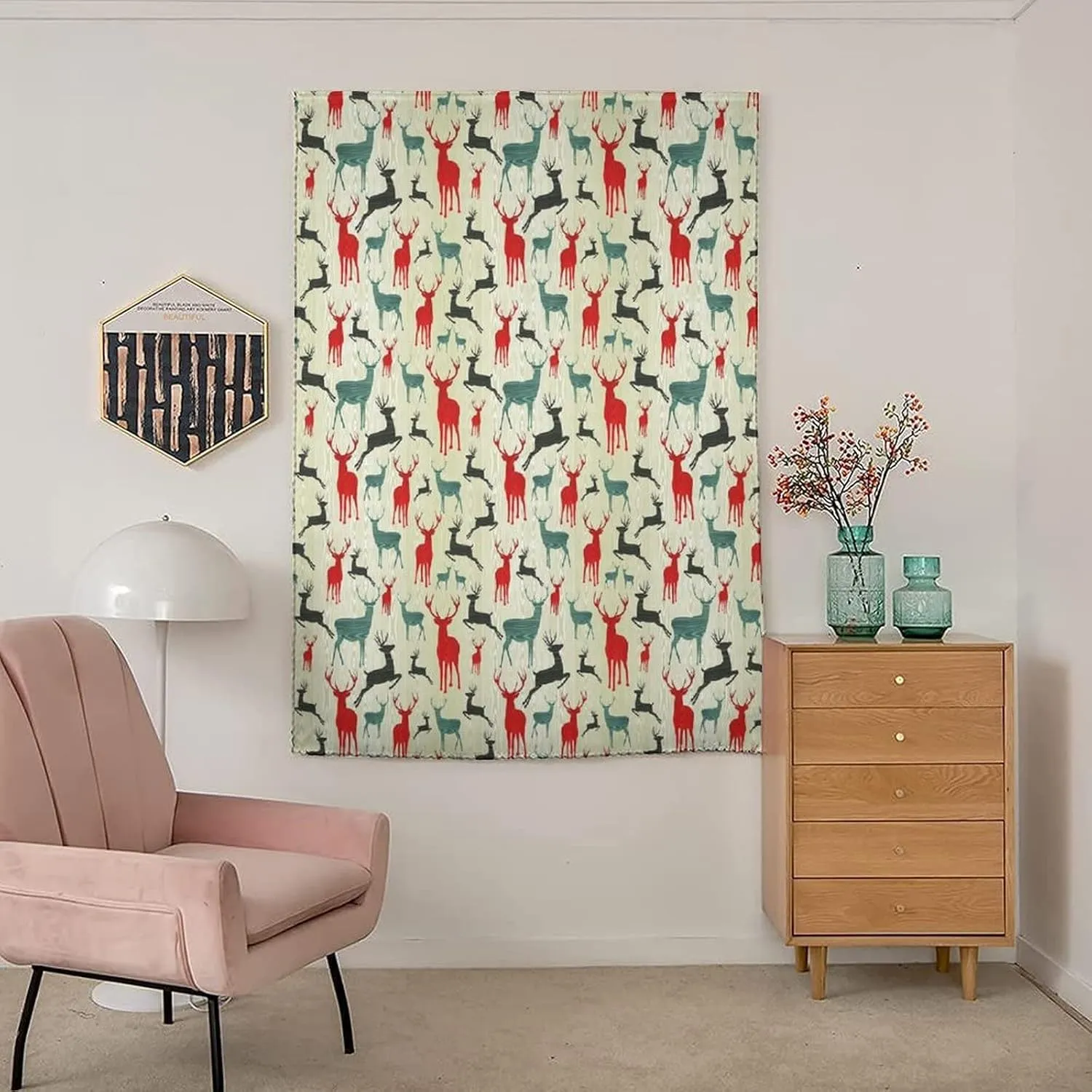 Autohesion Curtains, Deer Window Curtain Panel, Winter Season Animal in Various Stances Wooden Print Thermal Lnsulated Room Darkening Small Drapes,24W x40L Inches, for Nursery,Children Kids Bedroom