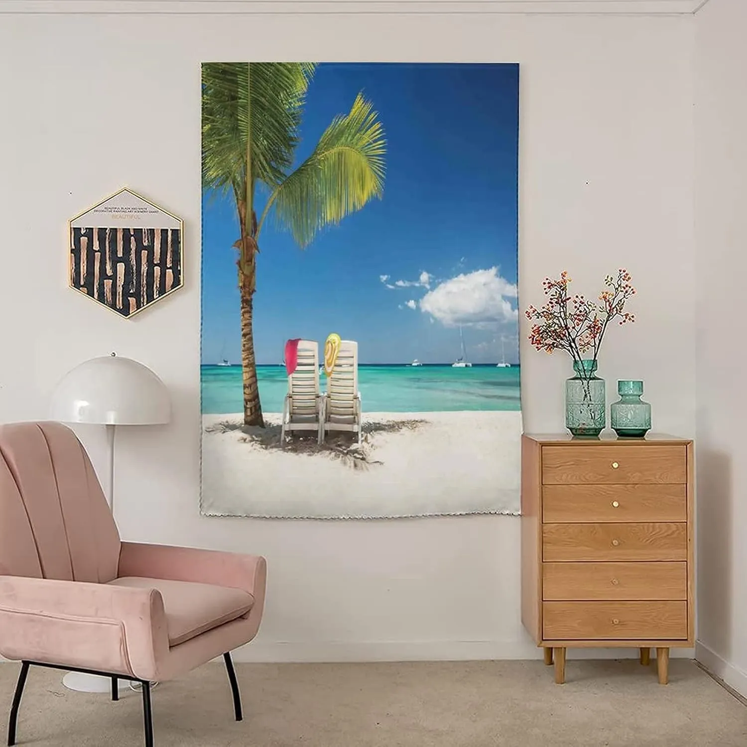 Autohesion Curtains, Seaside Window Curtain Panel, Relaxing Scene on Remote Beach with Palm Tree Print Thermal Lnsulated Room Darkening Small Drapes,59W x72L Inches, for Bathroom Living Room Bedroom