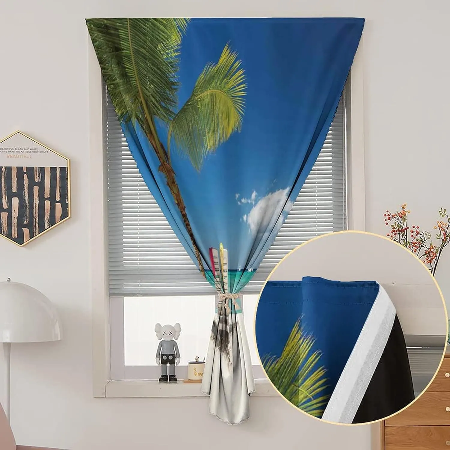 Autohesion Curtains, Seaside Window Curtain Panel, Relaxing Scene on Remote Beach with Palm Tree Print Thermal Lnsulated Room Darkening Small Drapes,59W x72L Inches, for Bathroom Living Room Bedroom