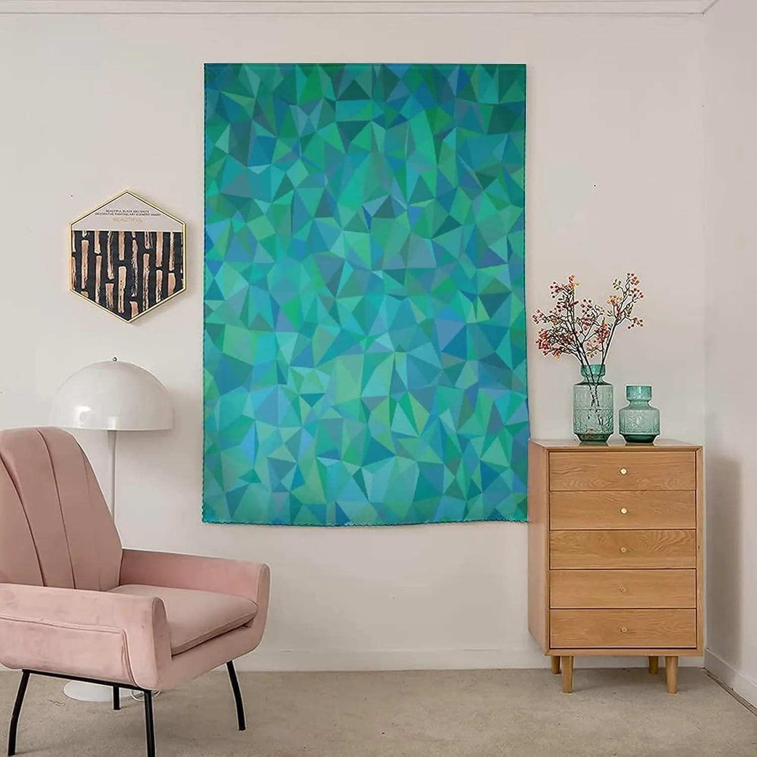 Autohesion Curtains, Teal Decor Window Curtain Panel, Abstract Irregular Triangle Mosaic Design Geometrical Modern Print Thermal Lnsulated Room Darkening Small Drapes,24W x40L Inches, for Kids Bedroom