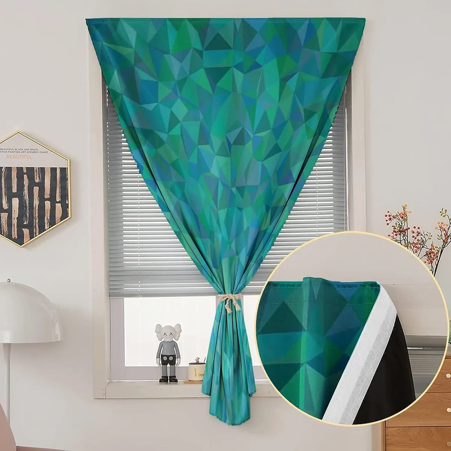 Autohesion Curtains, Teal Decor Window Curtain Panel, Abstract Irregular Triangle Mosaic Design Geometrical Modern Print Thermal Lnsulated Room Darkening Small Drapes,24W x40L Inches, for Kids Bedroom