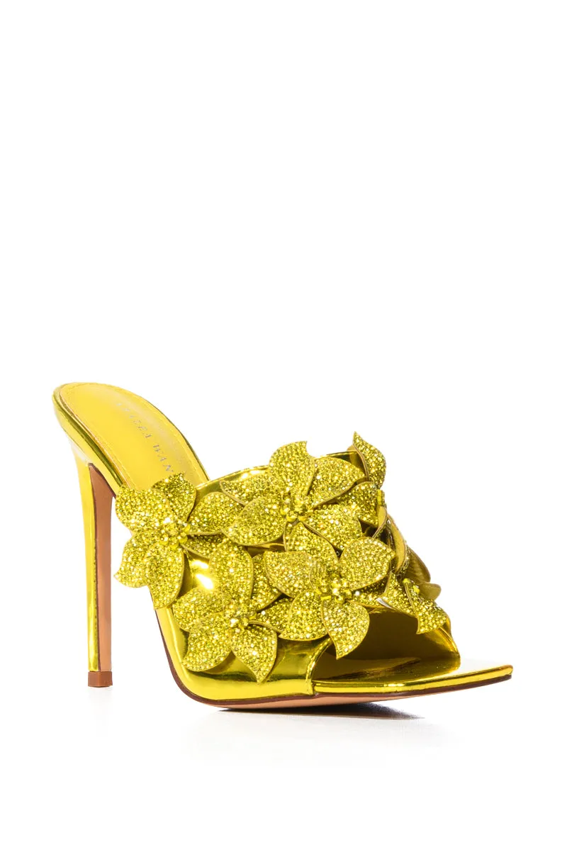 AZALEA WANG LENA EMBELLISHED FLOWER SLIP ON SANDAL IN YELLOW